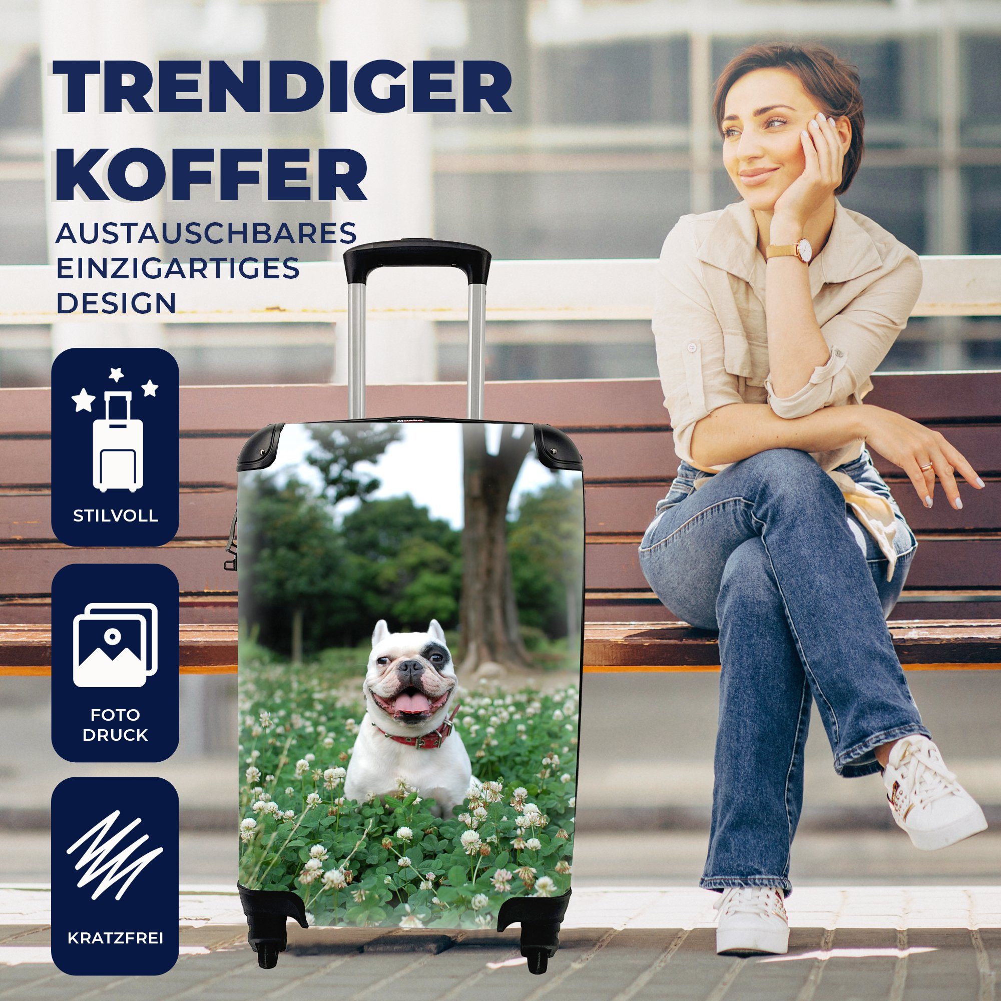 für 4 MuchoWow Reisetasche Ferien, - Handgepäckkoffer Reisekoffer Rollen, Handgepäck Trolley, rollen, mit Klee Hund, - Tier