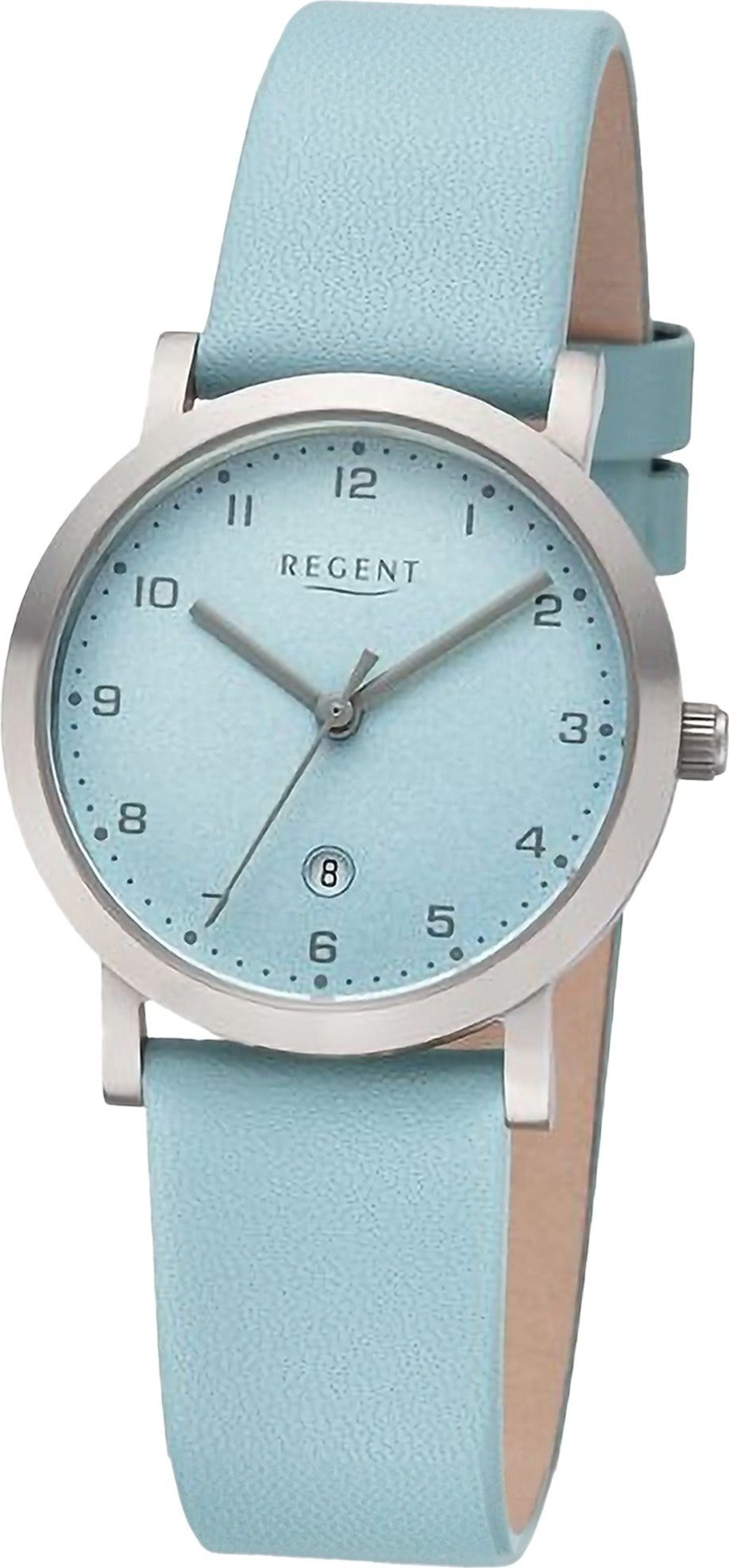 Regent Quarzuhr Regent Damen Armbanduhr Analog, Damenuhr Lederarmband hellblau, rundes Gehäuse, extra groß (ca. 30mm)
