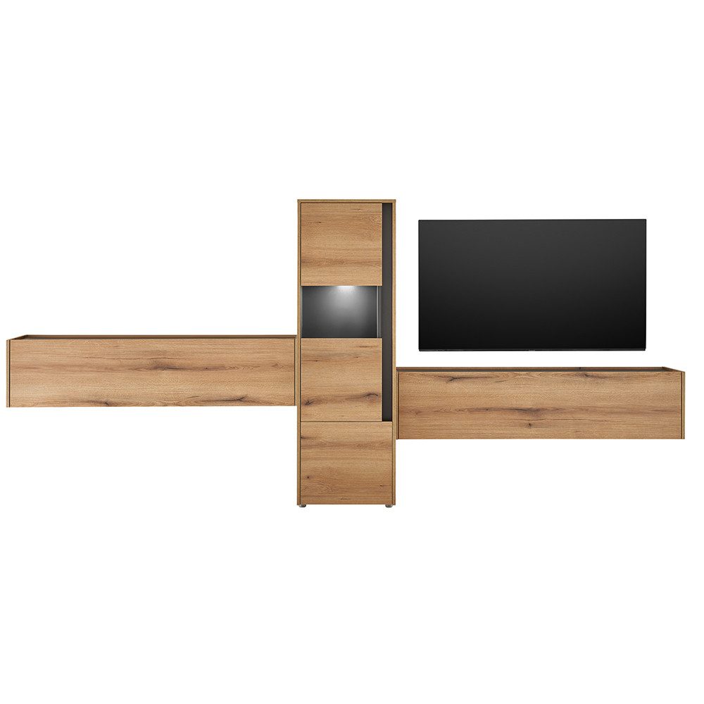 Lomadox Wohnwand CRISP-61, (3-St., Vitrine Beleuchtung Hängeschränke), in Eiche Nb. mit anthrazit, inkl. LED-Beleuchtung