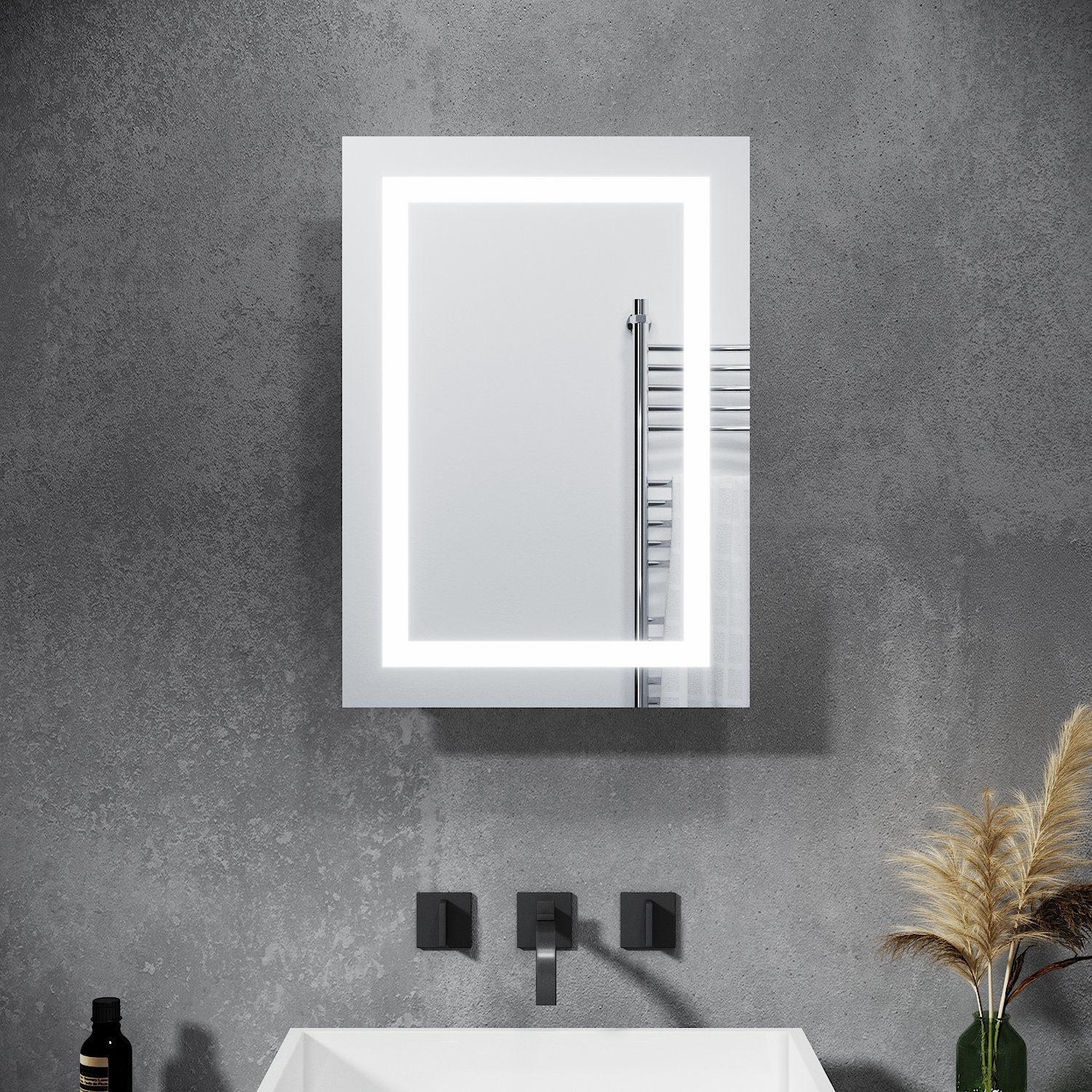 SONNI Spiegelschrank mit Beleuchtung 50 x 70 cm Schiebetür LED Licht Badezimmer Bad Hängeschrank mit Steckdose und Kippschalter Schutzklasse IP44 | Spiegelschränke