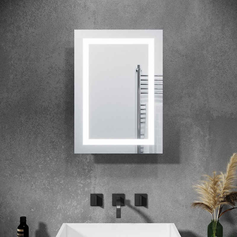 SONNI Spiegelschrank mit Beleuchtung 50 x 70 cm Schiebetür LED Licht Badezimmer Bad Hängeschrank mit Steckdose und Kippschalter Schutzklasse IP44