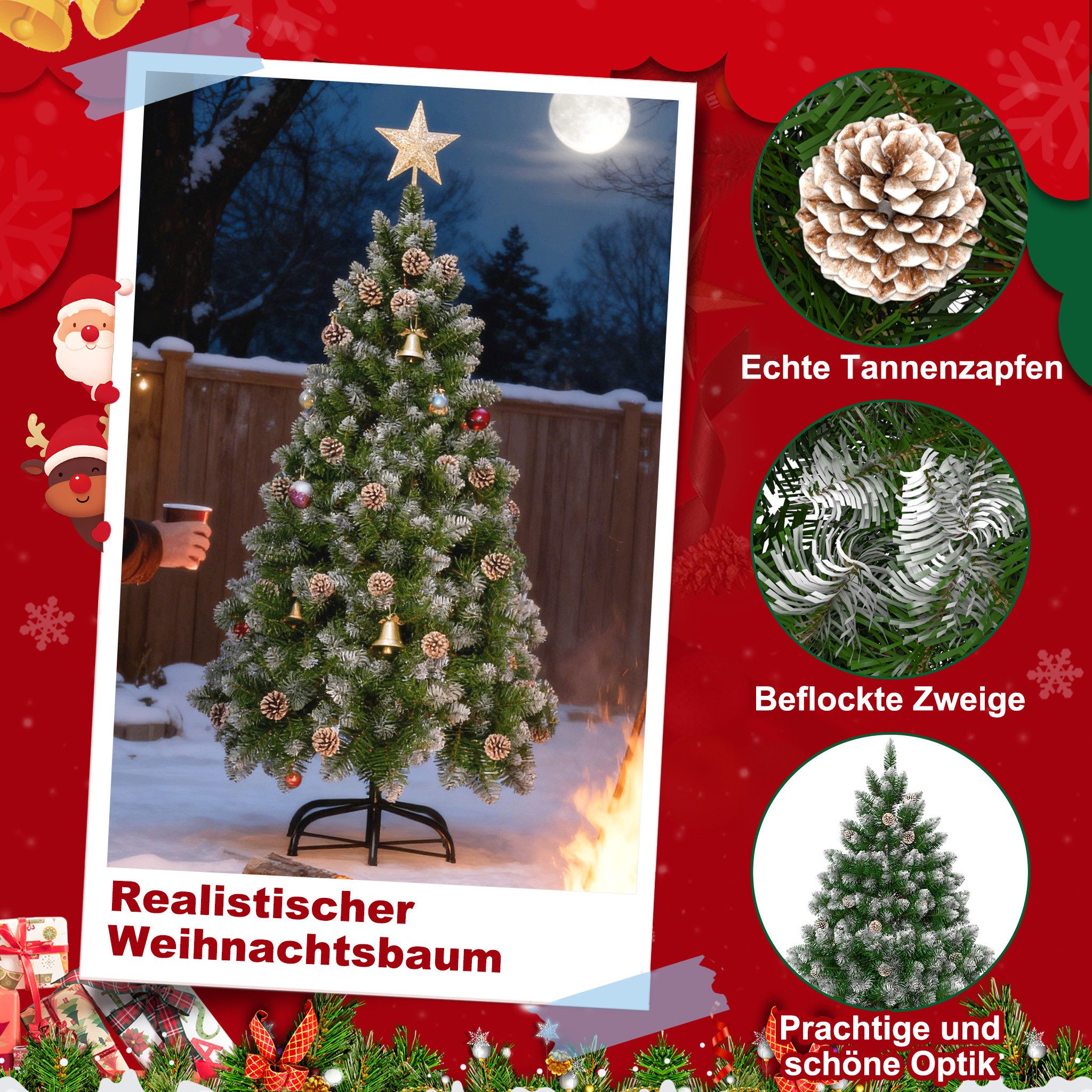 FIVMEN Künstlicher Weihnachtsbaum Künstlicher Weihnachtsbaum PVC Tannenbaum Christbaum mit Schnee-Effekt, Metallständer Bodenschutz Faltbare Zweige für festlich – Bild 3 von 5