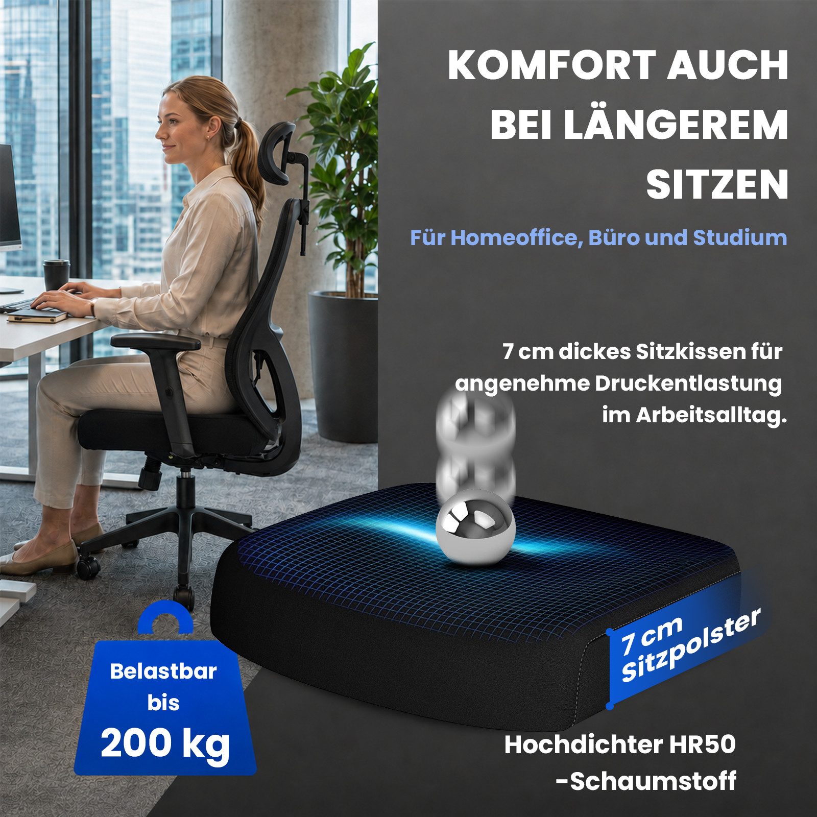 Durrafy Bürostuhl Ergonomischer Bürostuhl 200 kg mit Kopfstütze & Lordosenstütze (Schreibtischstuhl), atmungsaktiver Netzrücken, 130° Wippfunktion, verstellbare Armlehnen