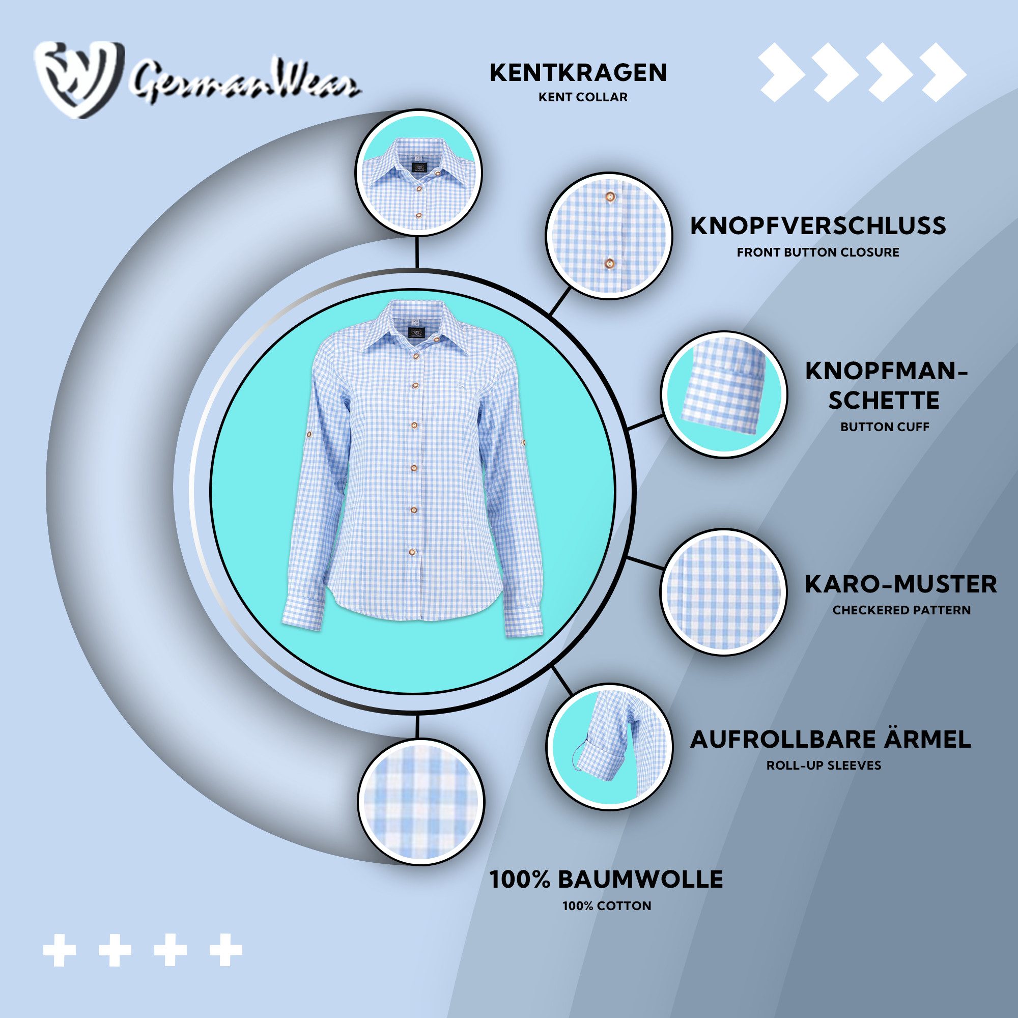 German Wear Trachtenbluse GW-OB13 Trachtenbluse für Trachten lederhosen bluse Trachtenmode kariert