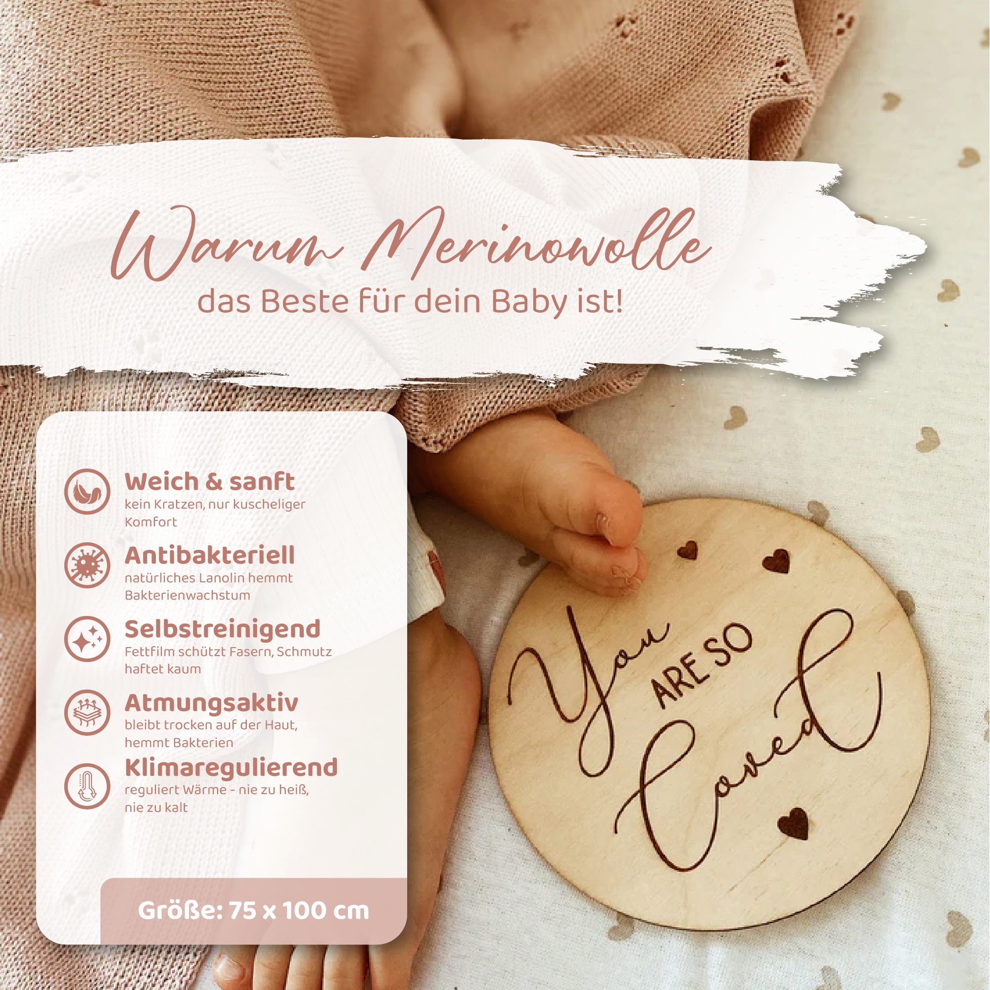 Babydecke 100% Merinowolle 75×100 cm Baby Geschenk Strickdecke Wolldecke, Blätterschming