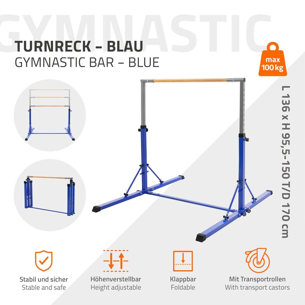 Hauki Turnreck Kinder Gymnastik Turnstangen Trainingsgeräte bis 100kg Indoor/Outdoor, Heimtraining Reckstange faltbar & höhenverstellbar 95,5-150cm Blau