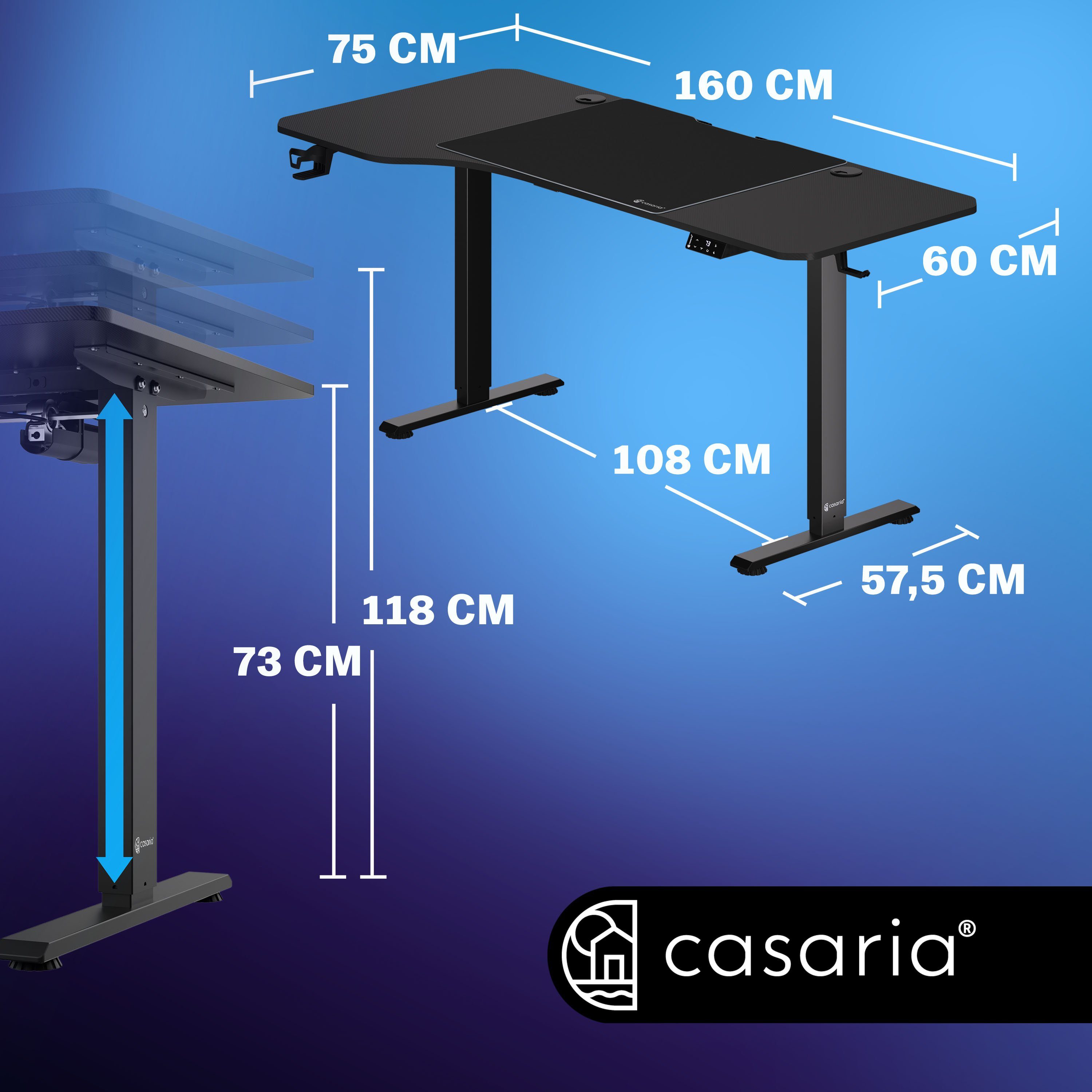 Casaria Schreibtisch, Mousepad L-Form Elektrisch Schwarz 160x75cm Stahlgestell 73-118cm LCD-Display