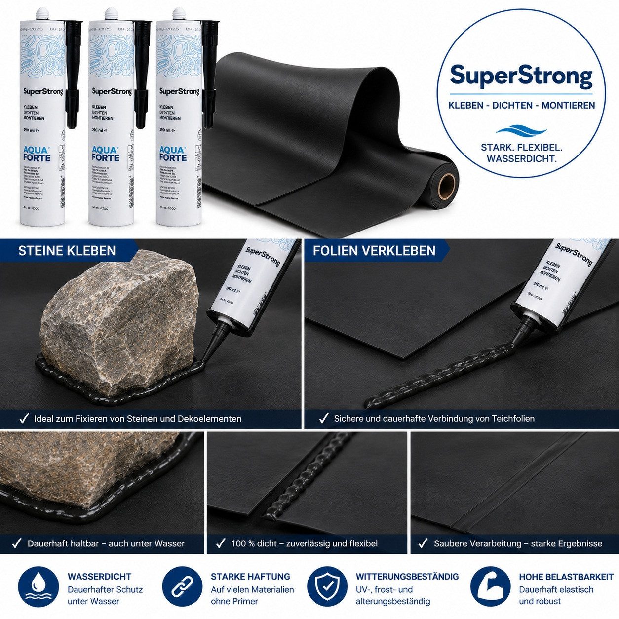 Aquaforte Aquaforte Teichkleber 3 x 290 ml Super Strong schwarz MS Polymer Teich