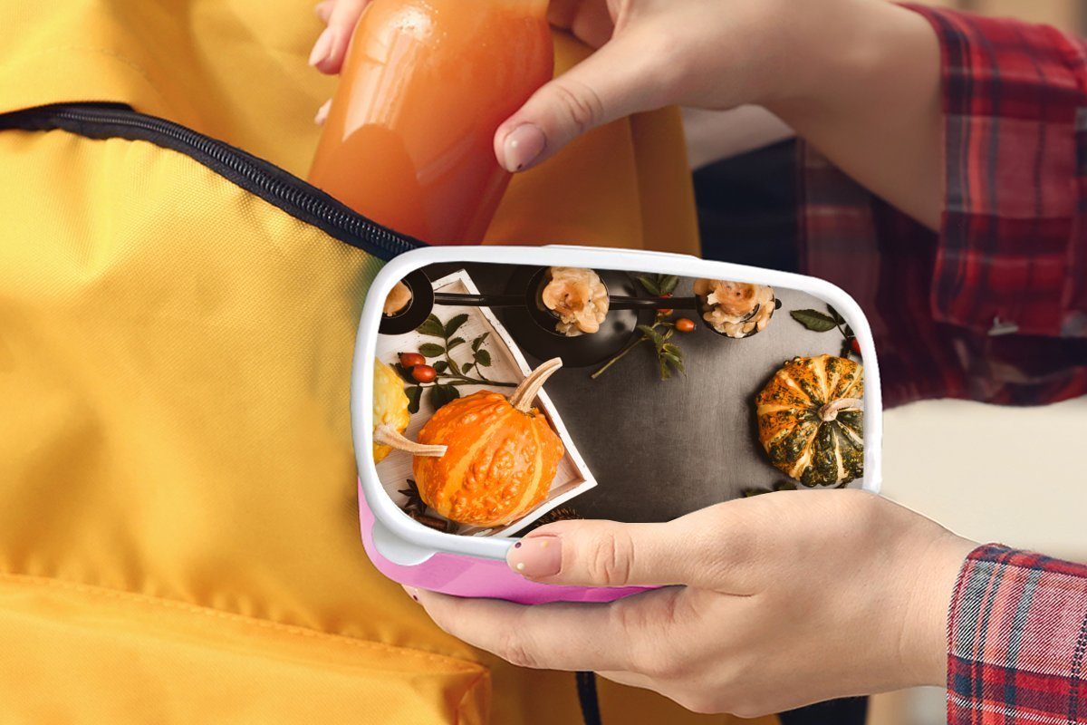 MuchoWow Lunchbox Herbst - Erwachsene, (2-tlg), Kürbis Kunststoff Tisch, Kinder, Mädchen, Kunststoff, Brotbox für Snackbox, rosa - Brotdose