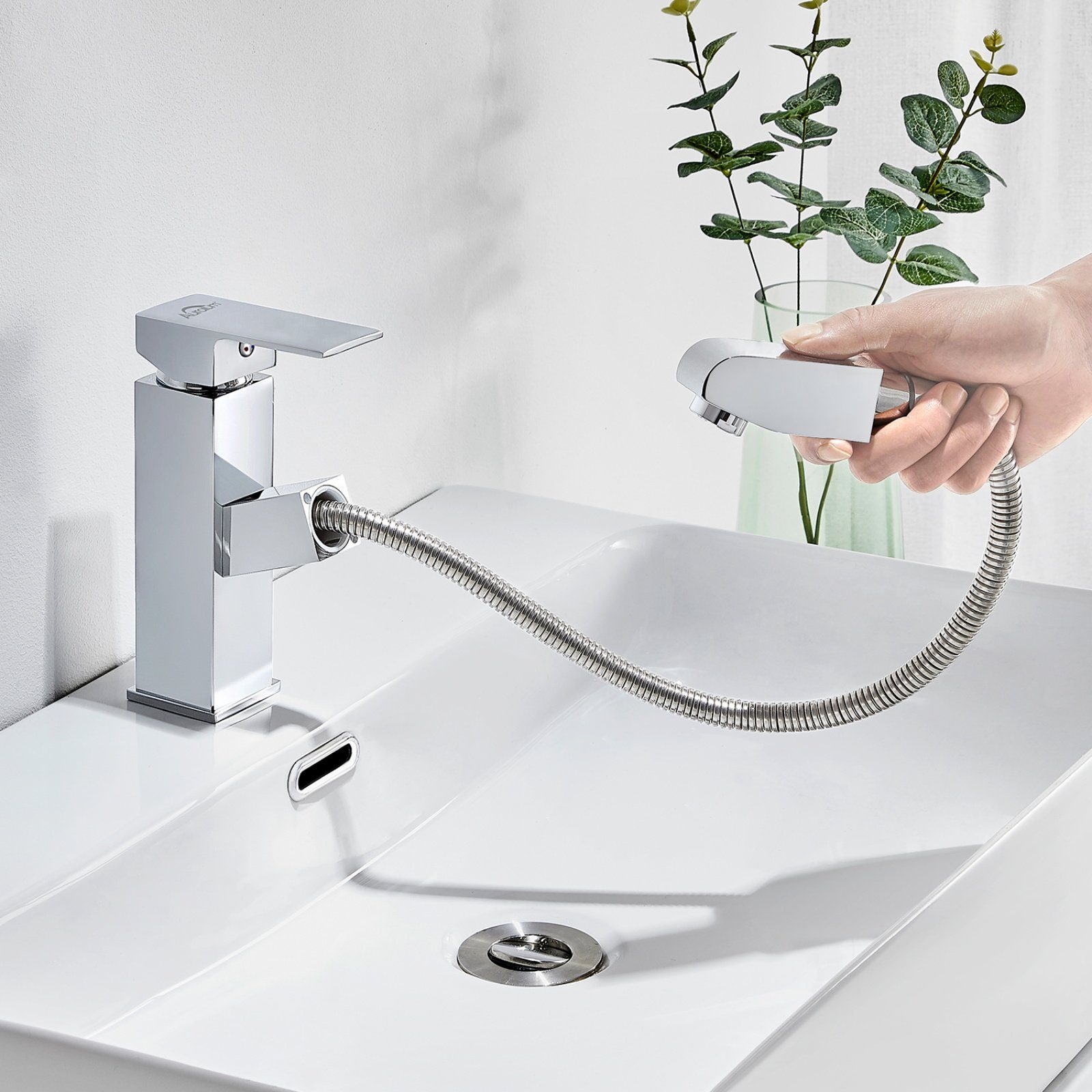 Auralum Waschtischarmatur mit Waschbecken Ausziehbar Mischbatterie Chrom Wasserhahn Bad Brause