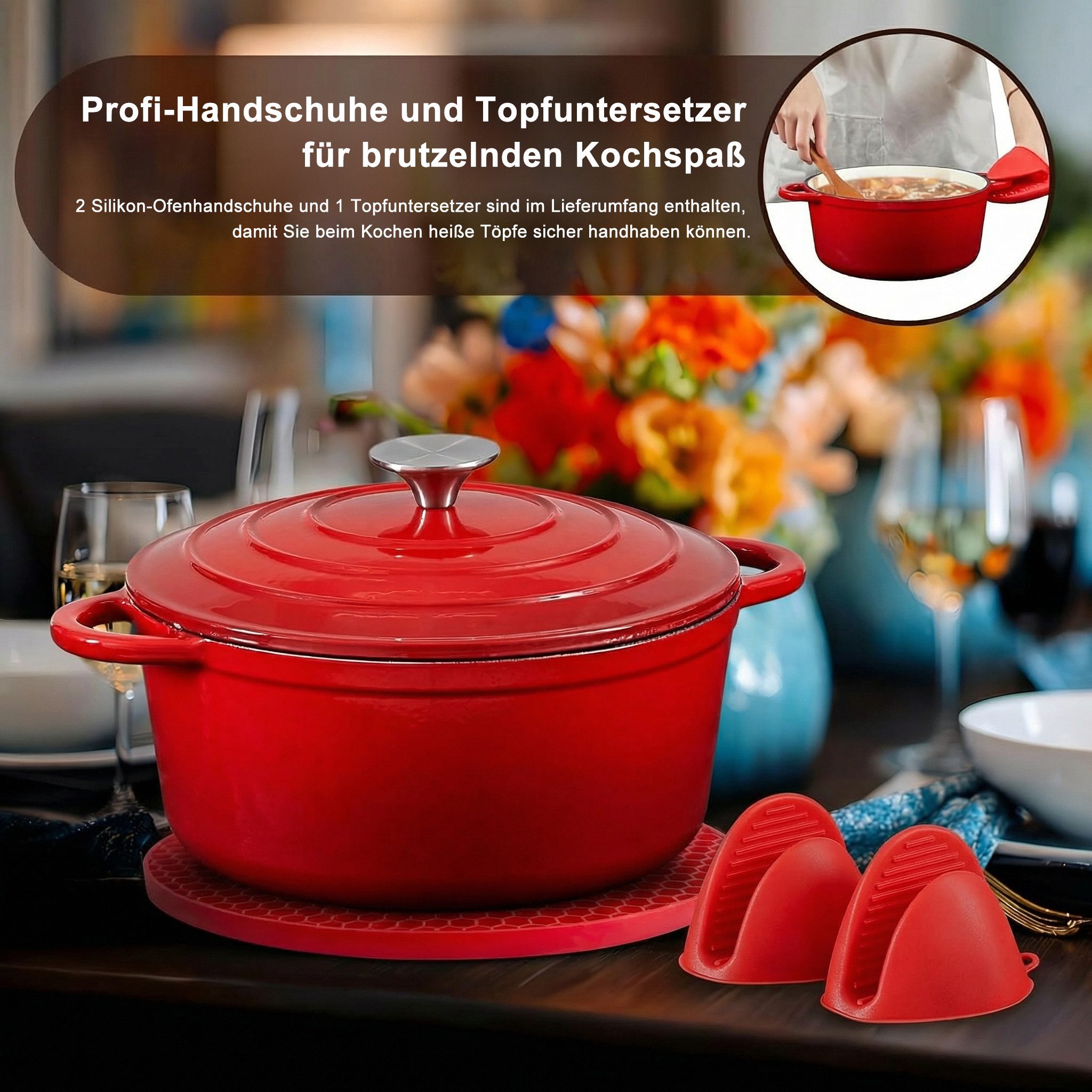 Zedelmaier Bräter Gusseisen Topf 22/24/26cm Incl. Silikon Topflappen Topfuntersetzer, (Set, 1 Pot mit 1 lid, 2 Ofenhandschuhe, 1 Topfuntersetzer), Backofengeeig – Bild 3 von 5