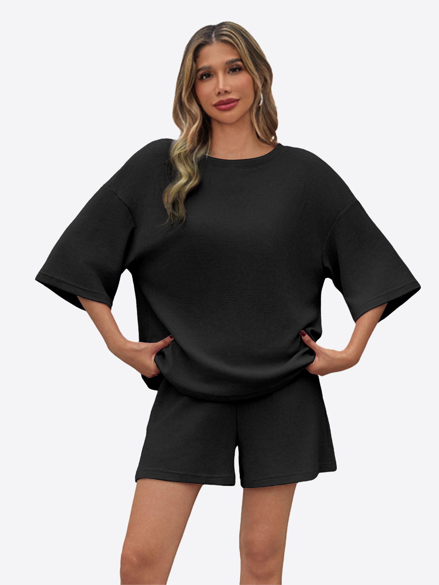 Imily Bela Hausanzug Damen 2-teiliger Freizeitanzug (Set, 2 tlg., 3/4-Arm Bluse + Shorts) in Unifarbe