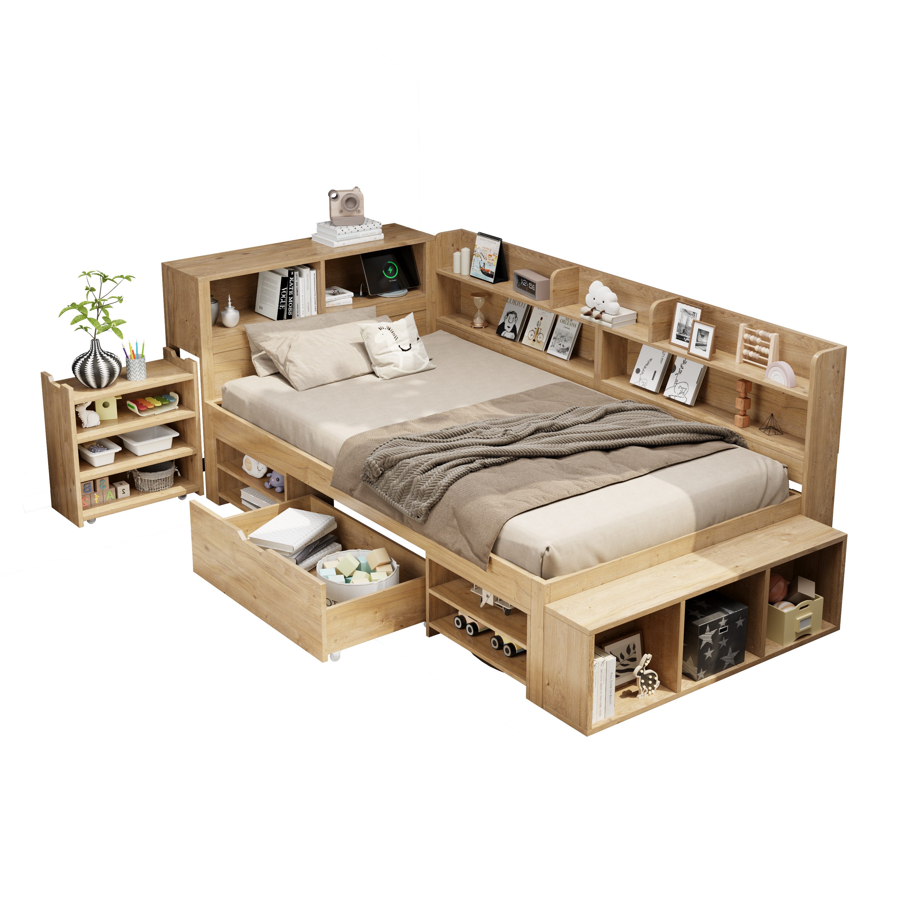 OKWISH Holzbett großer Stauraum (Stauraumbett, Kinderbett, 1-tlg., 90*200 cm, mit Matratze(H16cm), mit ausziehbarer Nachttisch Schubladen, Regal und Stauschrank