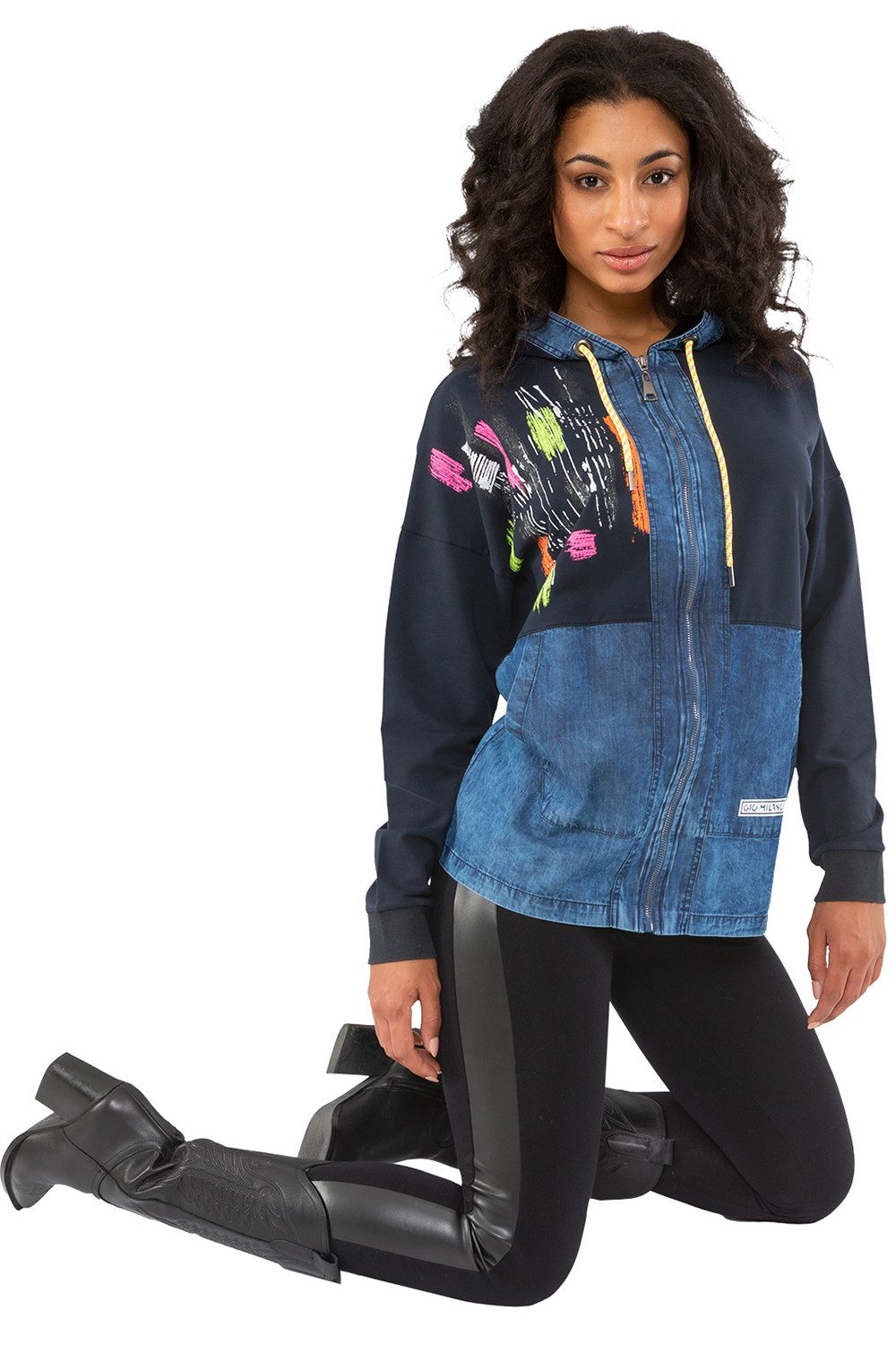 Gio Milano Langjacke G29-9102, mit Denimeinsätzen und Kapuze mit Tunnelzug Denimeinsätze