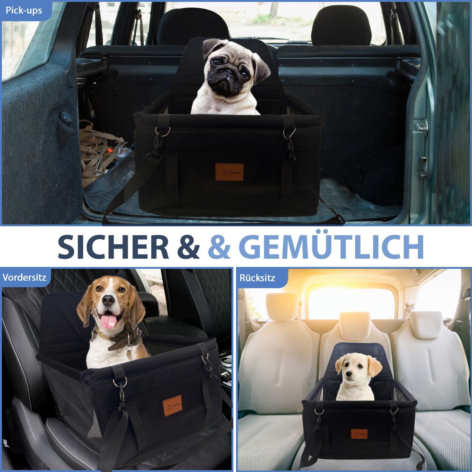 Petsation Hunde-Autositz Waschbarer Hundesitz Auto – Sicher, Stabil, Für Rückbank & Vordersitz, Oxford, Waschbar, Stabil, Vordersitz und Rücksitz
