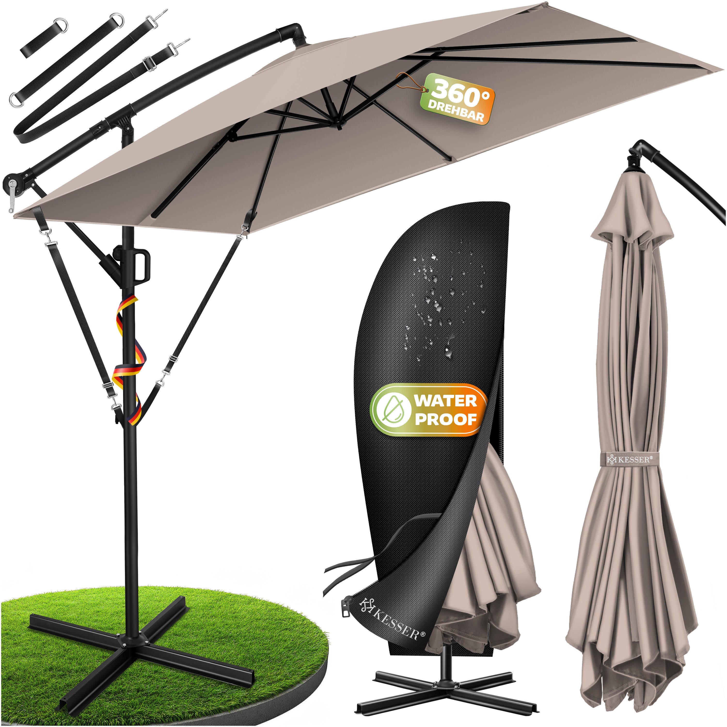 KESSER Ampelschirm, Ø350cm Sonnenschirm inkl. Abdeckung & Windsicherung, wetterfest