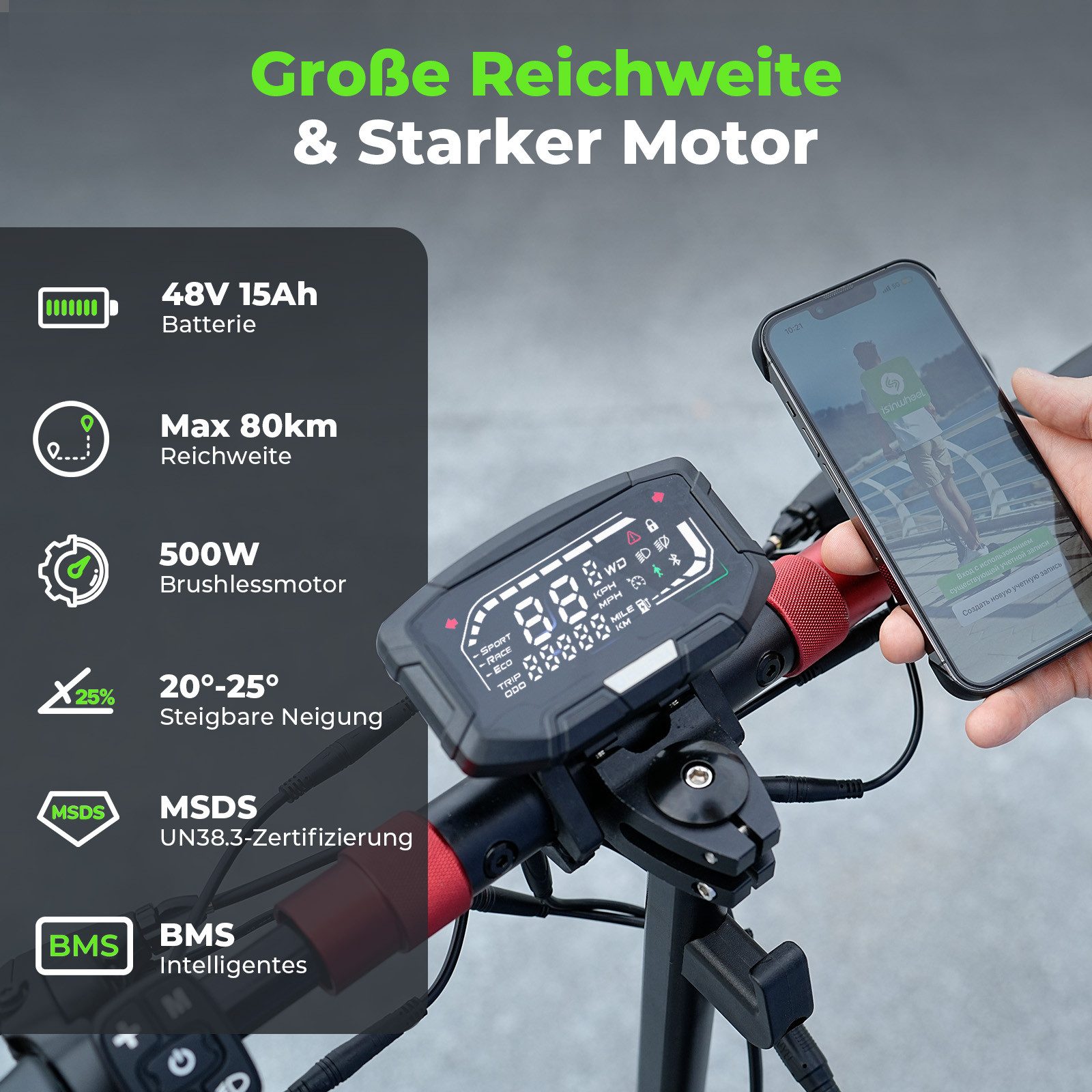 iSinwheel E-Scooter Offroad mit Straßenzulassung (ABE) 11-Zoll-Reifen,80km Reichweite, (1 tlg), Duales Bremssystem, Belastung bis 150kg,500W – Bild 2 von 5
