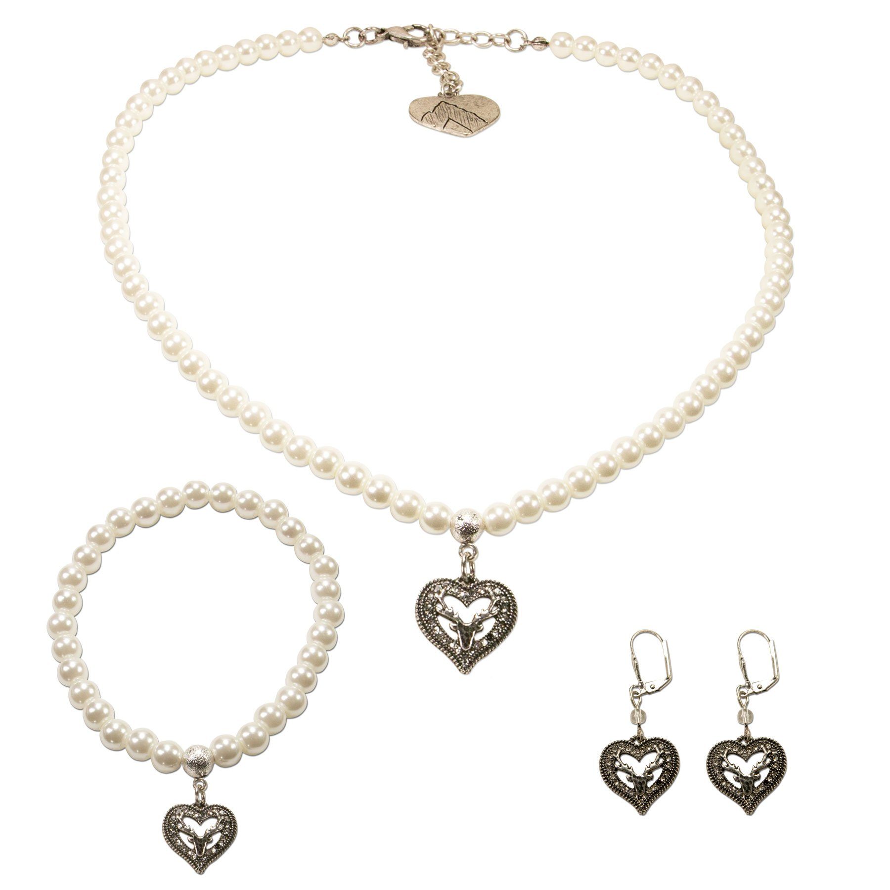 Ketten-Set Trachtenschmuck-Set Perlen-Trachtenkette, Trachten-Armband und Trachten-Ohrhänger Strassherz-Hirsch (creme-weiß)