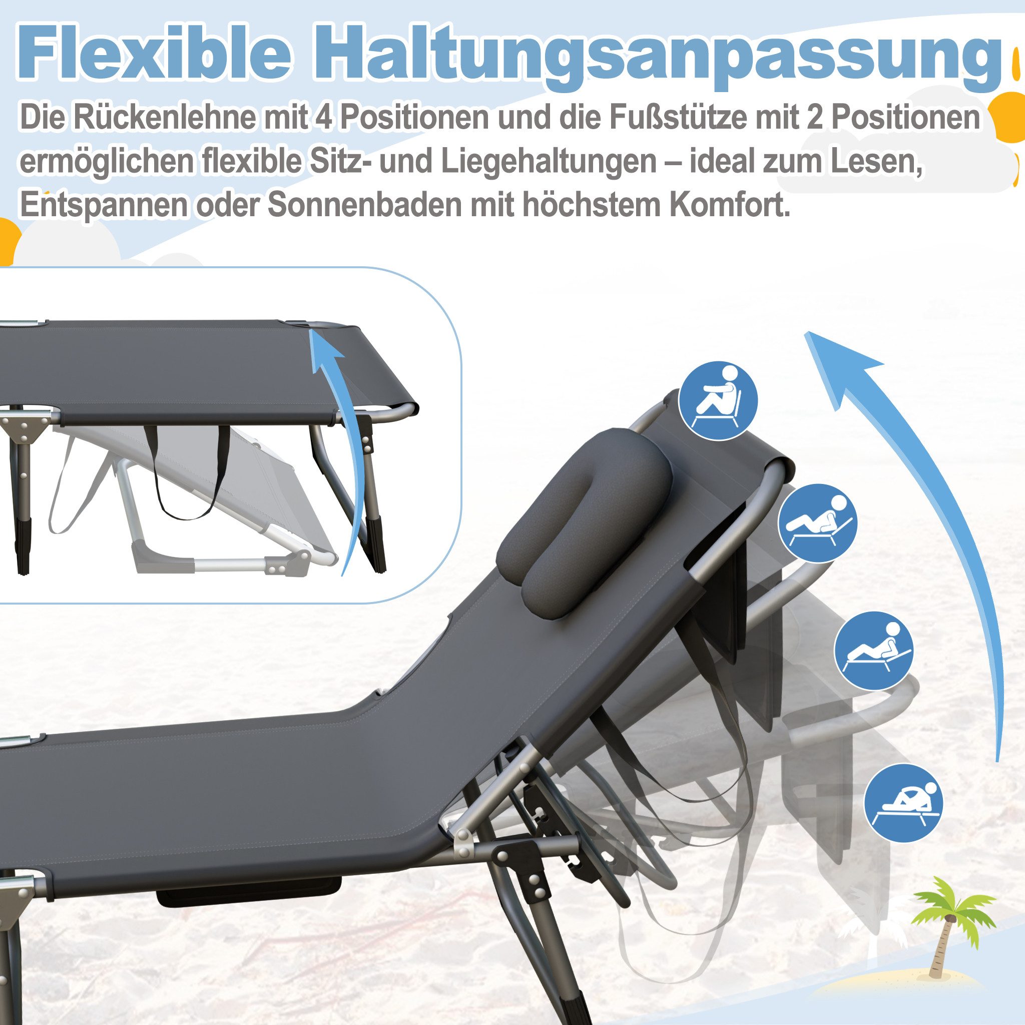 FIVMEN Gartenliege Faltbare Sonnenliege mit Gesichtsausschnitt 4 fach verstellbar 160kg, Garten Strandliege mit Kopfkissen Seitentasche Tragegriffe, 190x63cm – Bild 4 von 5