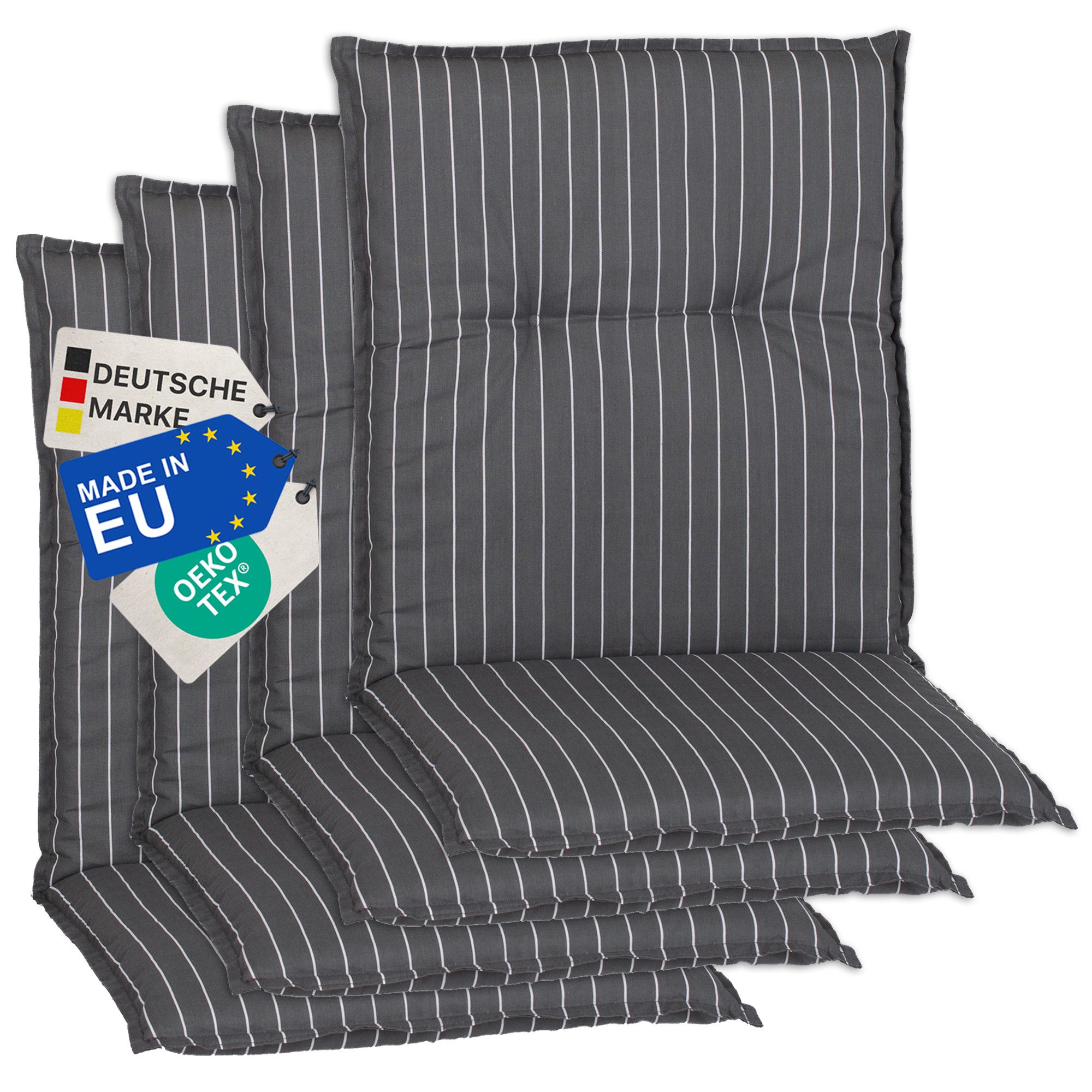 NYVI Sitzauflage Niedriglehner Auflagen 4er Set Barcelona Gartenstuhlauflagen 100x50cm, (4 St), Niederlehner Stuhlauflage Sitzauflage mit Halteband Streifen gestreift
