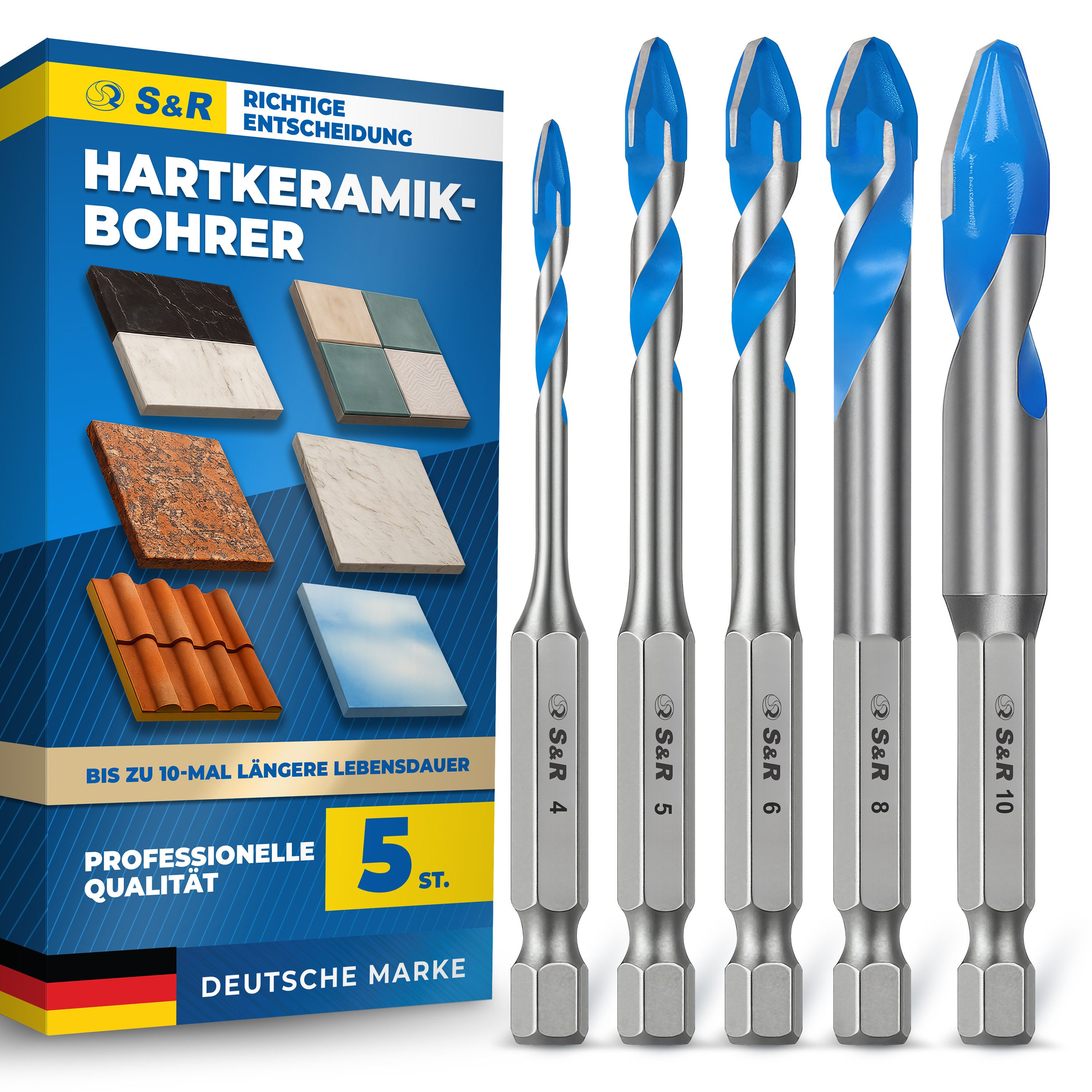 S&R Glasbohrer Professional Keramikbohrer Set 5-tlg, 4mm 5mm 6mm 8mm 10mm, für Feinsteinzeug, Keramik, Hartkeramik, Granit, Glas, Marmor