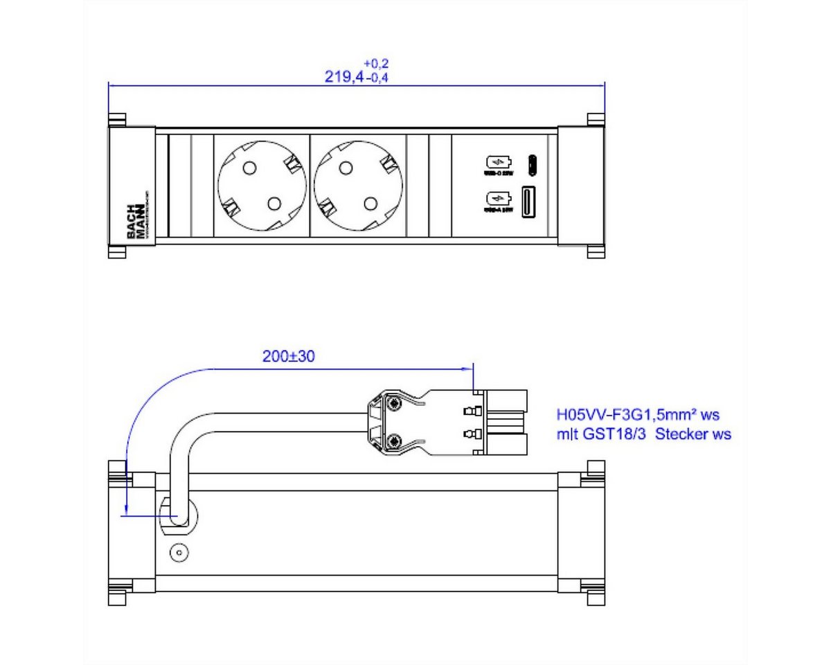 Thumbnail - Bachmann POWER FRAME 2xCEE7/3 1xUSB A/C 22W 0,2m GST18 Einbau-Tischsteckdosenleiste (Kabellänge 0.2 m)