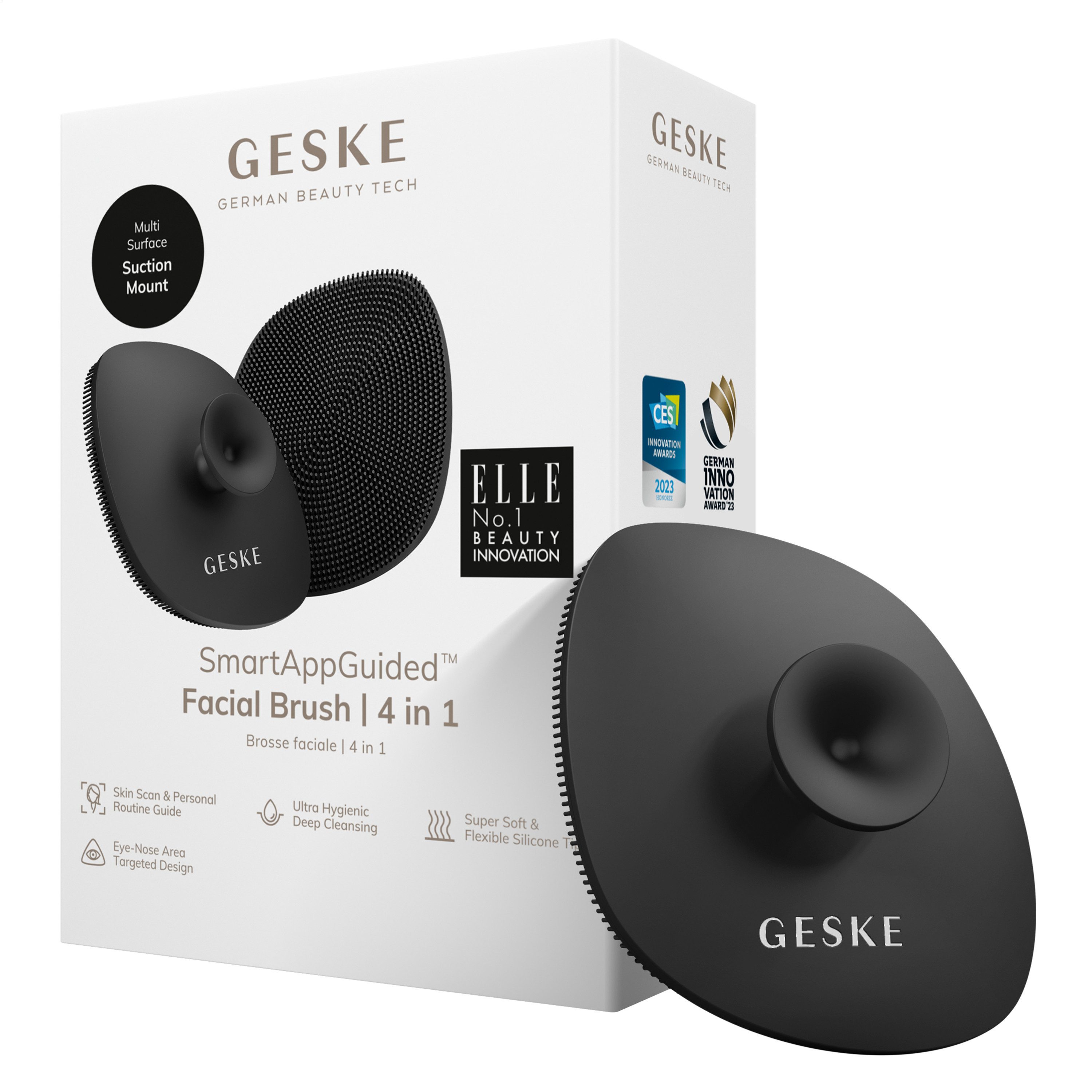 GESKE German Beauty Tech Elektrische Gesichtsreinigungsbürste SmartAppGuided™ Facial Brush 4 in 1, Packung, 1-tlg., inkl. kostenloser APP (SmartAppGuided Device), Mit der GESKE App erhältst Du deine personalisierte Hautpflegeroutine.