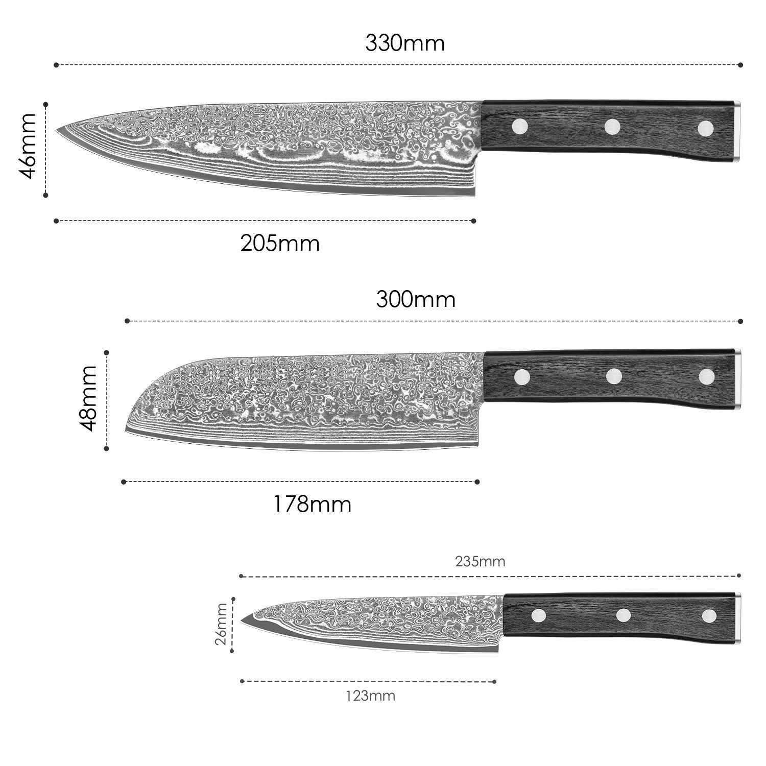 KingLux Messer-Set 3er Damastmesser-Set mit 12.5-20cm Klingen aus 67 Lagen Damaststahl (3-tlg)