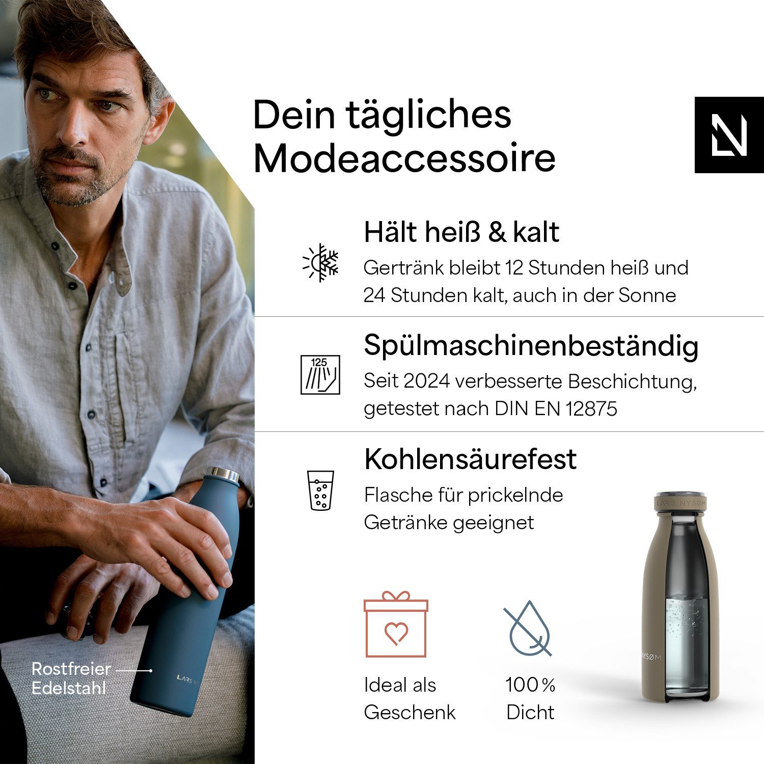 LARS NYSØM Thermoflasche Ren, Isolierflasche mit Vakuum Isolierung: 12h heiß / 24h kühl