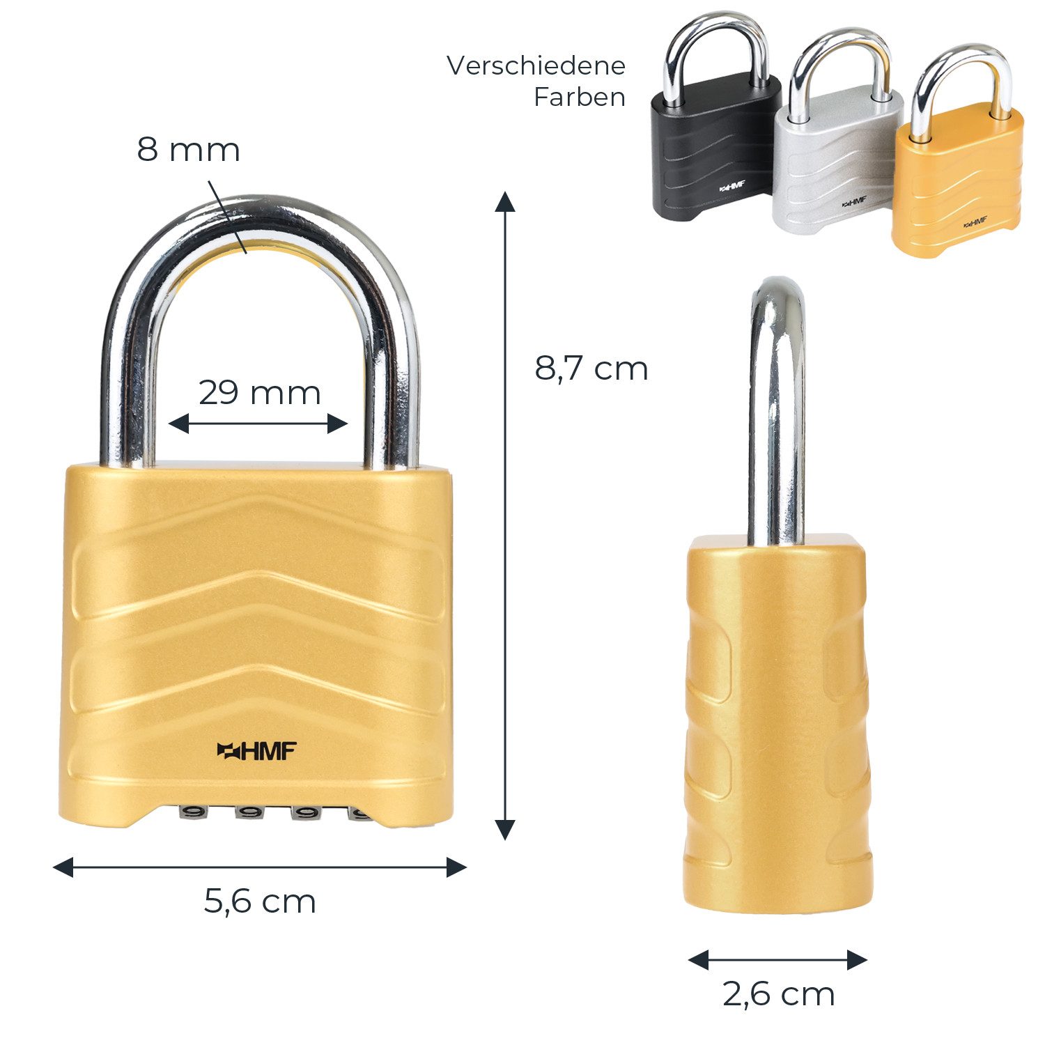 HMF Vorhängeschloss Zahlenschloss Vorhängeschloss, Schloss mit 4-stelligem Zahlencode, aus Aluminiumlegierung, 5,6 x 2,6 x 8,7 cm, Gold – Bild 5 von 5