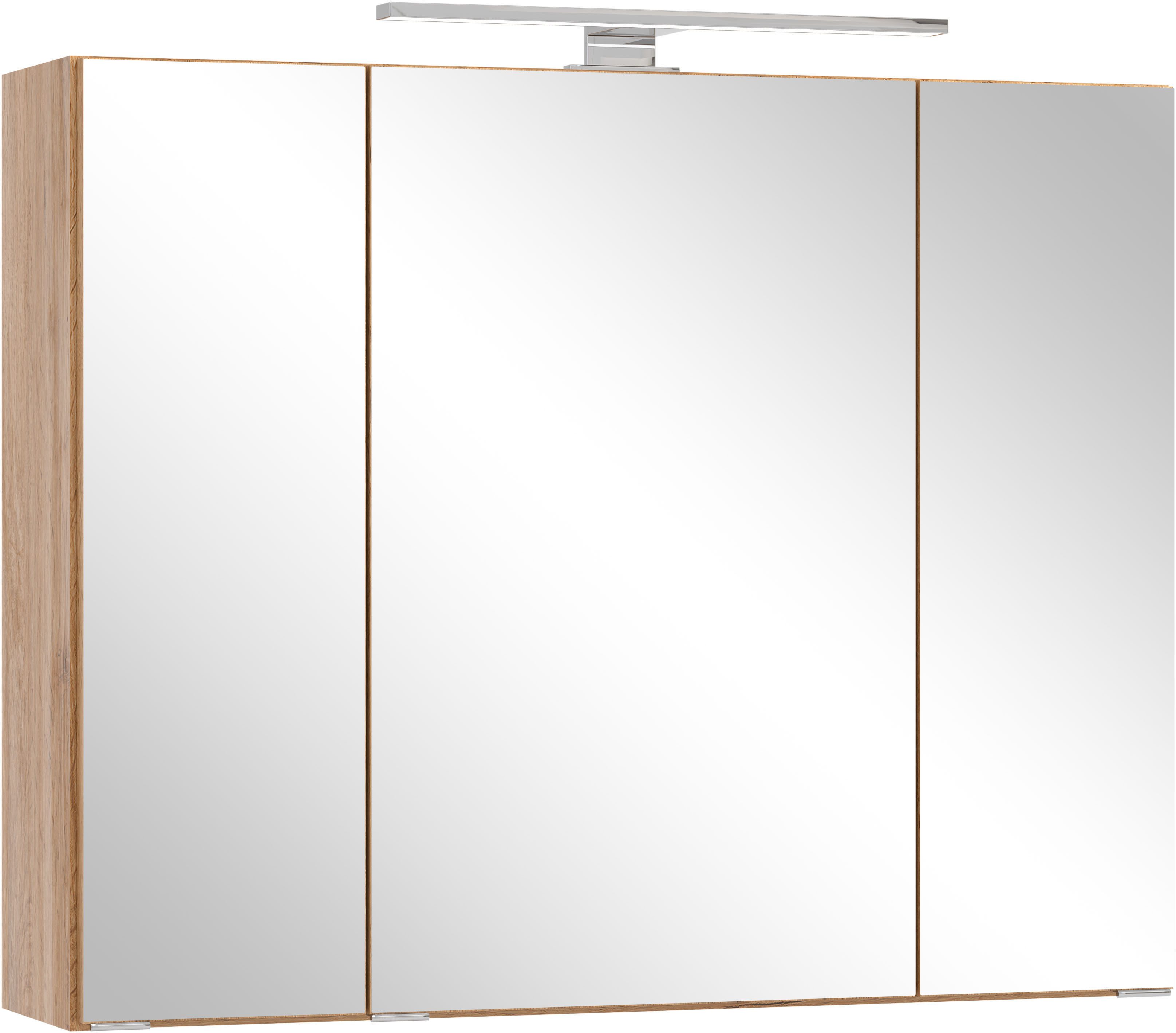 OTTO home Spiegelschrank BOZEN, 3D-Spiegelschrank 80 cm (Badezimmerschrank, Badschrank, Stauraum, Badmöbel, Schrank) Inklusive LED-Aufbauleuchte, Steckdose und Schalter