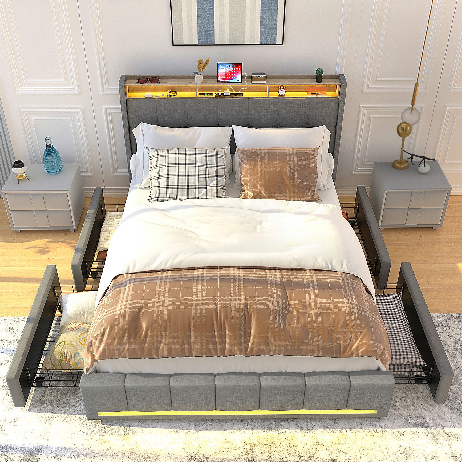 oyajia Polsterbett LED Doppelbett 140x200 cm mit 4 Schubkästen und Kopfteil günstig online kaufen