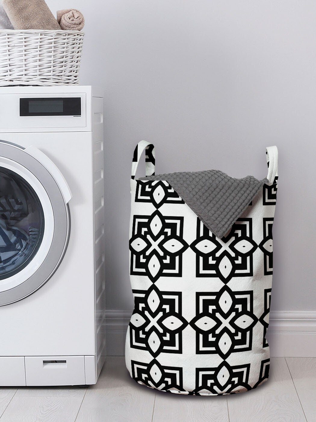 Abstrakt Waschsalons, Monochrome Kordelzugverschluss Vintage-Motiv Wäschesäckchen Griffen mit Wäschekorb Abakuhaus für