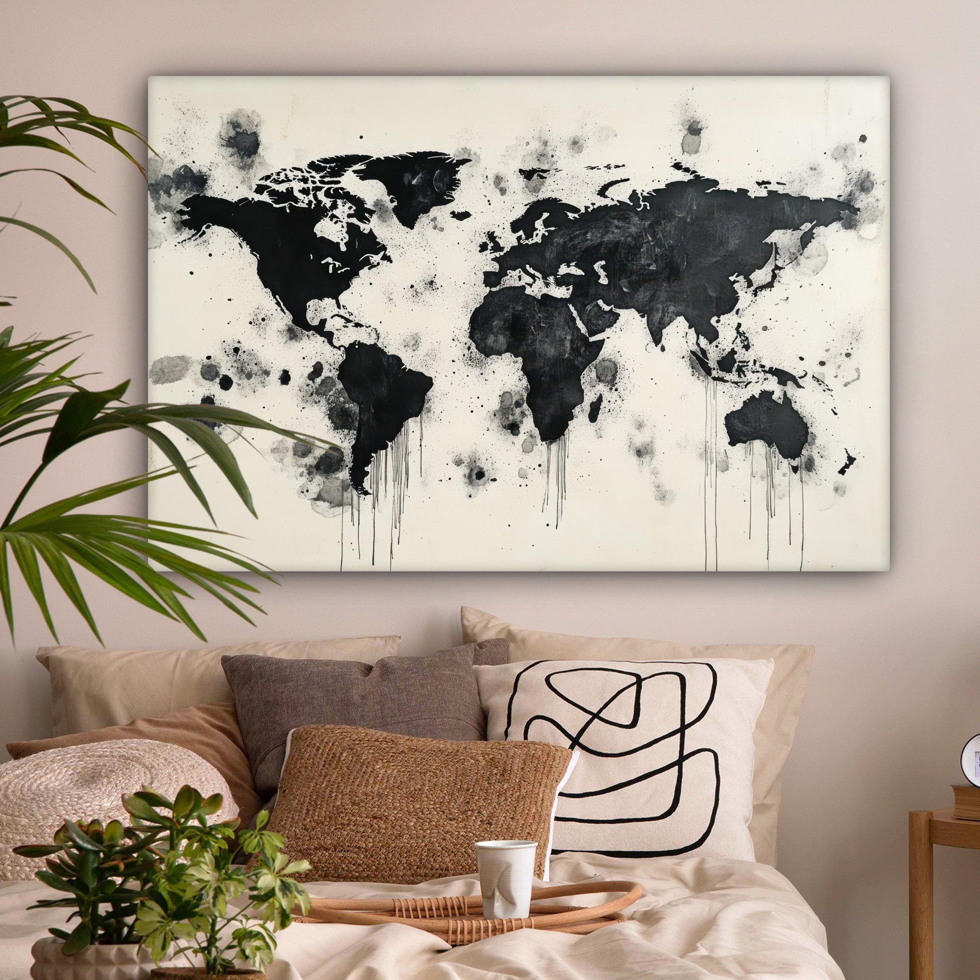 OneMillionCanvasses® Leinwandbild Weltkarte - Schwarz - Tinte, Fotodruck (1 St), Leinwand Bilder groß für Wohnzimmer 140x90 cm