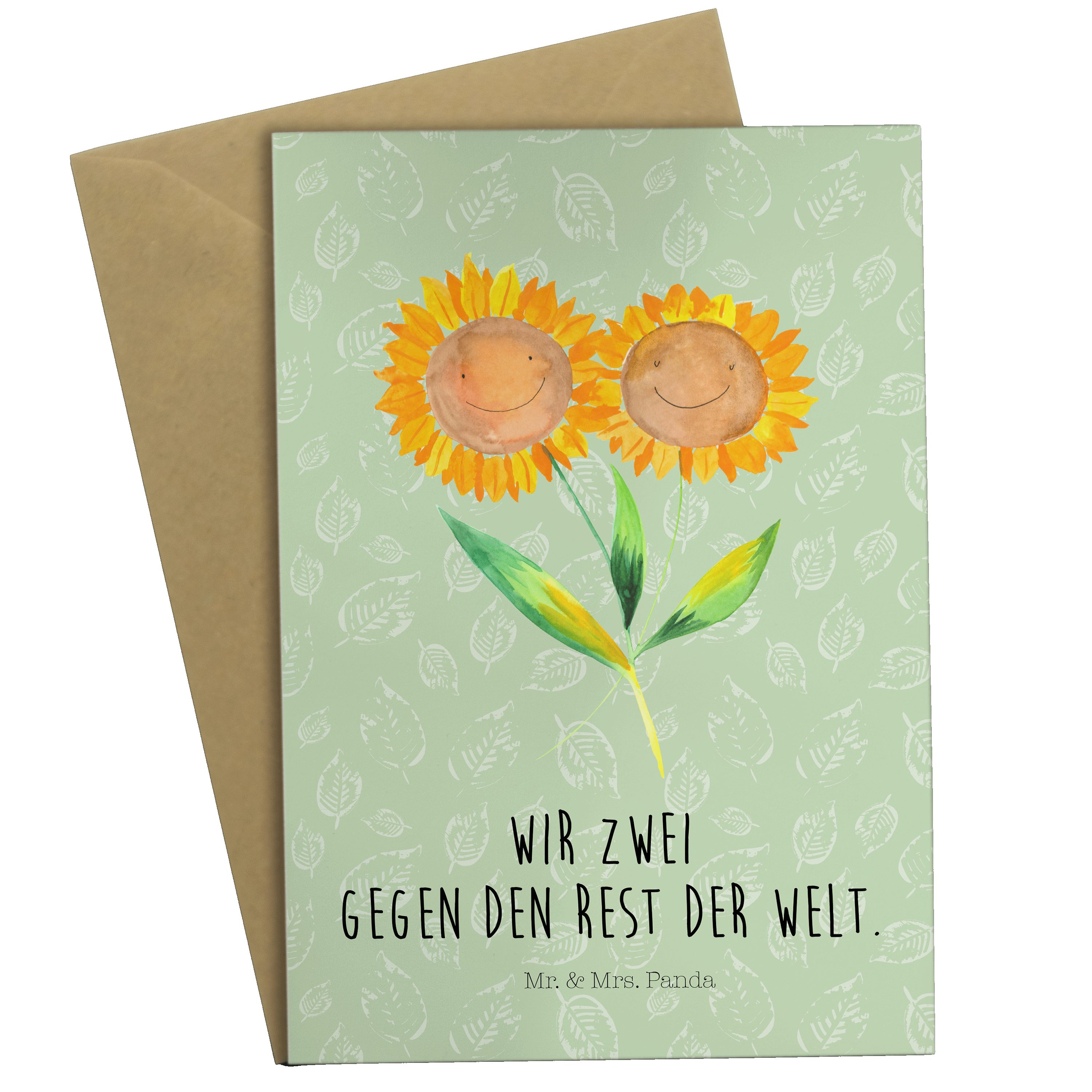 Mr. & Mrs. Panda Grußkarte Sonnenblume - Blattgrün - Geschenk, Freundin, Sommer Deko, Garten, So | Grußkarten