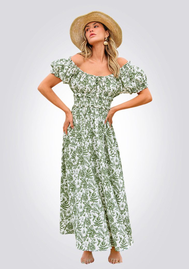Cupshe Strandkleid Blumenkleid mit Puffärmeln Smocked Waist Maxi
