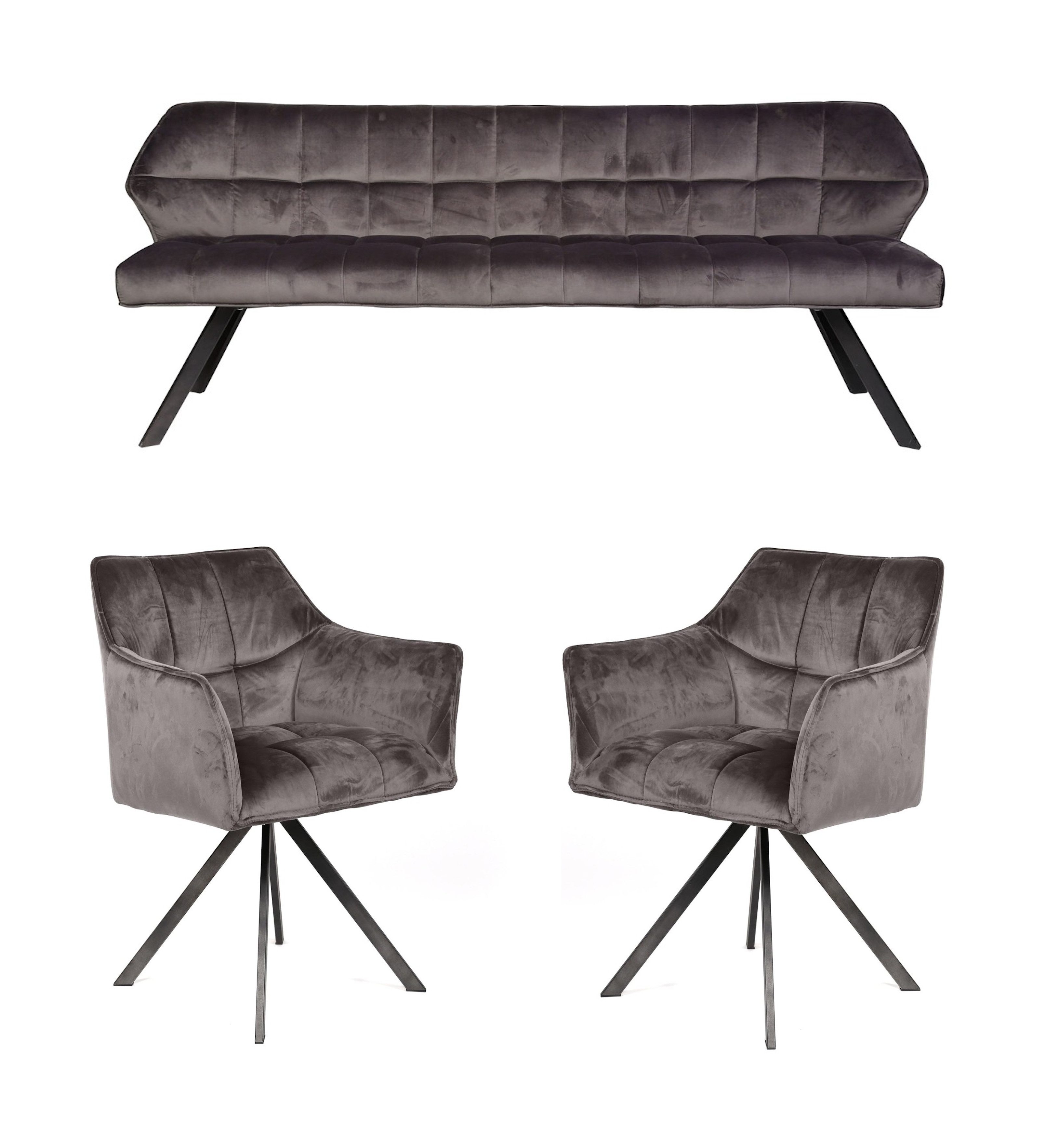 Vintagehaus Polsterbank Set Esstischbank Raster + 2 Armlehnstühle Samt oder günstig online kaufen