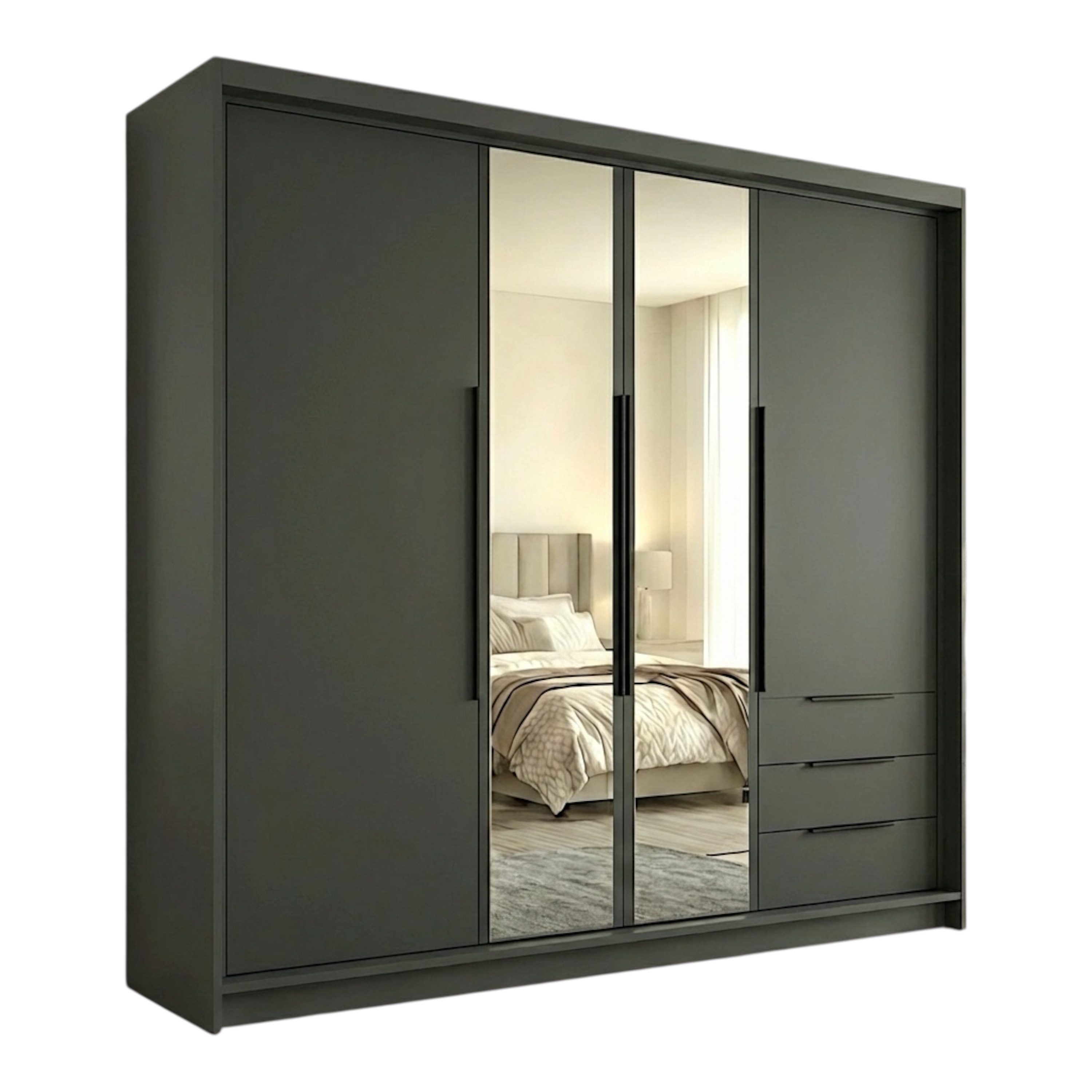 A&J MöbelLand GmbH Drehtürenschrank viertüriger Kleiderschrank mit Schubladen und Metallgriffen. (Geräumiger vier¬türiger Kleiderschrank mit Schubladen und Metallgriffen. Geräumiger Schrank mit einer Breite von 200 cm und Schubladen, ideal zur Aufbewahrung von Kleidung und Accessoires. Viel Stauraum. TOP PRODUKT! Wählen Sie das ideale Modell für Ihr Schlafzimmer!, TOP ANGEBOT) Breite: 200 cm, Höhe: 215 cm, Tiefe: 59,5 cm