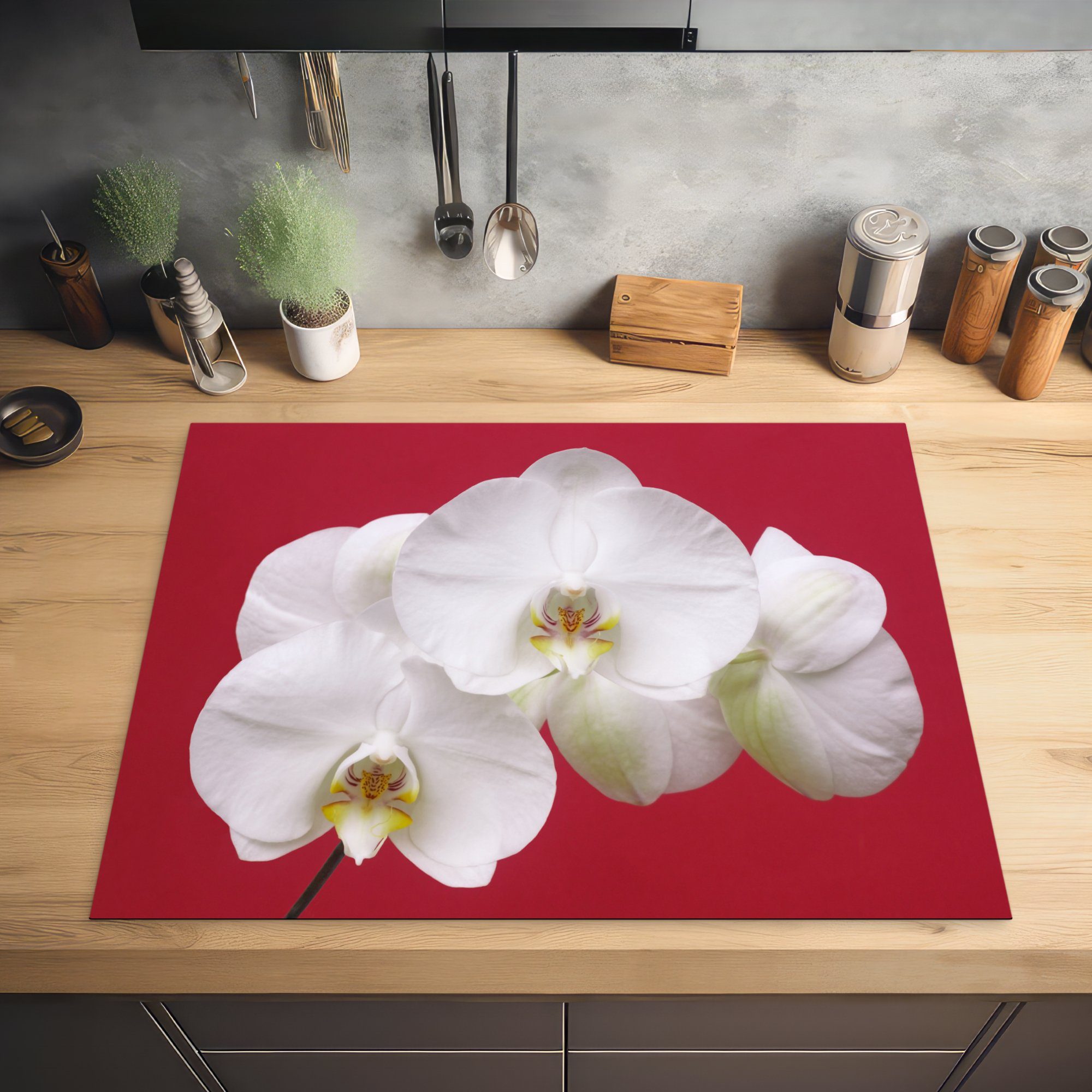 Ceranfeldabdeckung, küche 77x59 Herdblende-/Abdeckplatte Orchidee Vinyl, für Rot, (1 cm, tlg), MuchoWow auf Arbeitsplatte Weiße