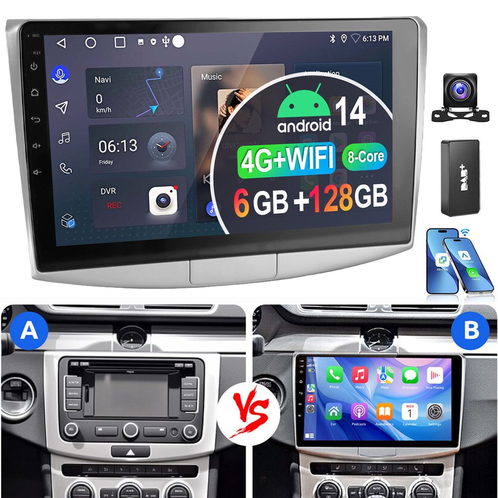 ESSGOO 8-Kern 6+128GB Für VW Passat B7 2010-2015 Autoradio Android 14 Autoradio (RDS, Digitalradio (DAB), FM, 6+128GB, AM, Apple Carplay Android Auto 4G LTE DSP SWC)