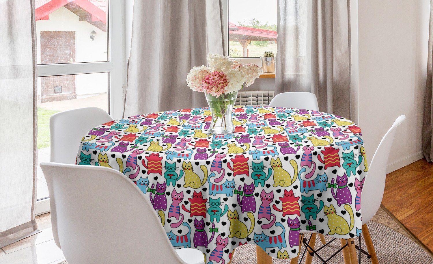Abakuhaus Tischdecke Kreis Tischdecke Abdeckung für Esszimmer Küche Dekoration, Katze Buntes Romantisches Mascots | Tischdecken