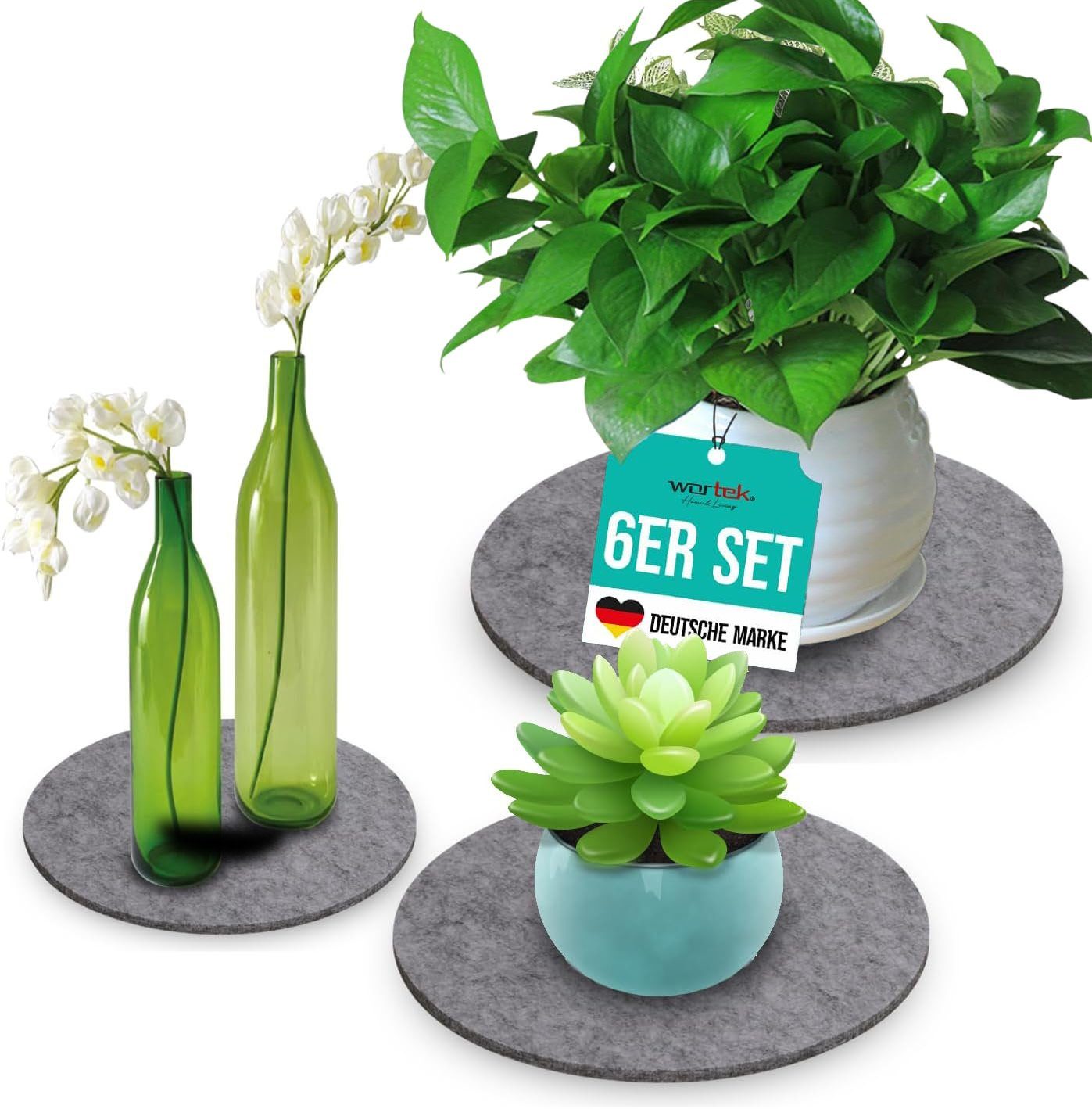 oder Vasen, für Set, Co, 6-tlg., Untersetzer Blumentöpfe Unterlage Blumentöpfe für wortek Untersetzer waschbare rund Zubehör Grau – Gläser Filz Blumen Teller Blumentopfuntersetzer Blumenuntersetzer &