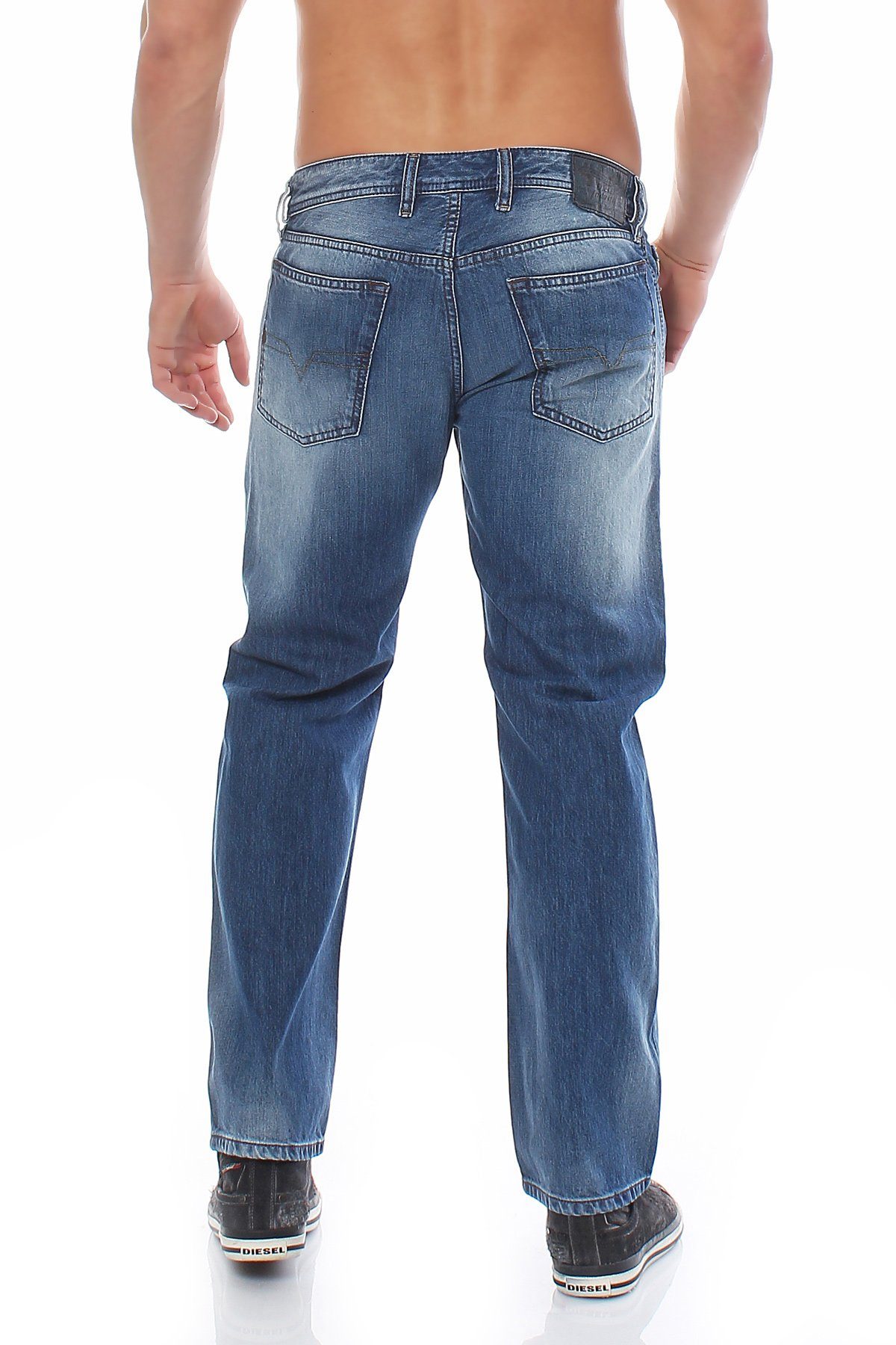 0RB04 Blau, Waykee Anteil Dezenter 5-Pocket-Style, Diesel Stretch ohne Regular-fit-Jeans Herren Used-Look,