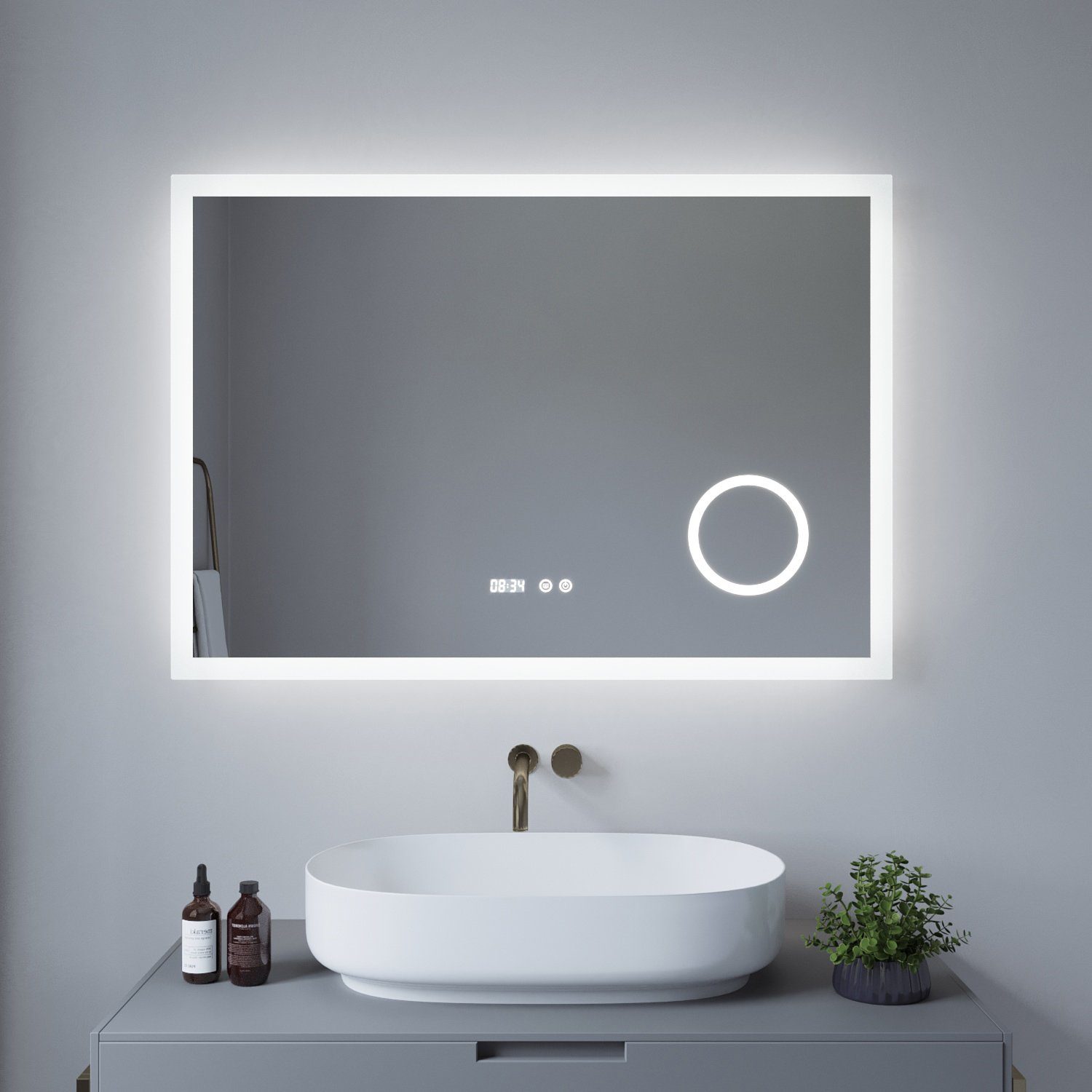 AQUALAVOS Kosmetikspiegel Badspiegel mit Beleuchtung LED kaltweiß mit Touch  Schalter Wandspiegel, 100x70 cm 120x60 cm, IP44 wasserdichte LED-Leiste,  3-Fach Vergrößerung