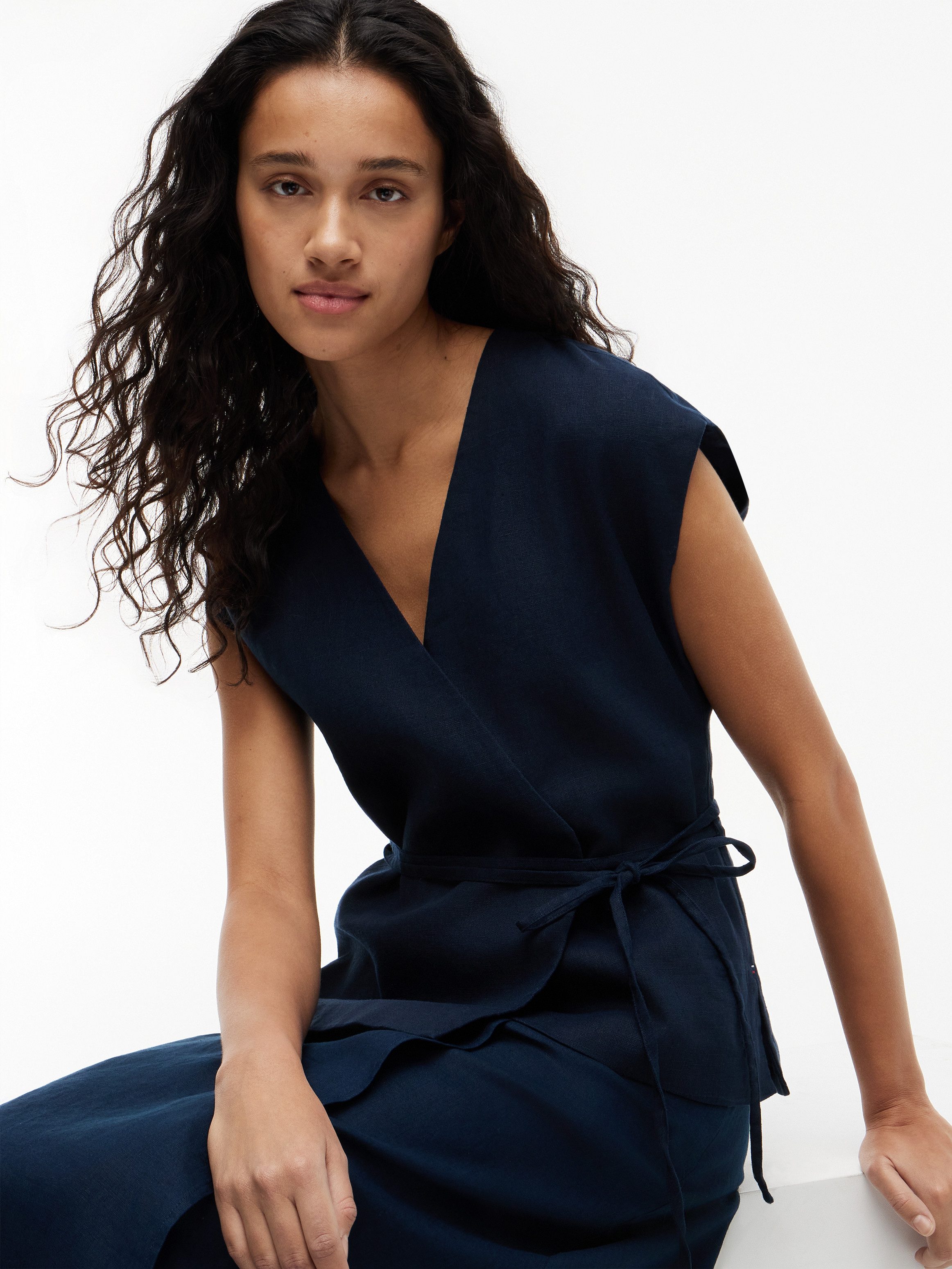 Tommy Hilfiger Wickelbluse ESS LINEN WRAP TIE NS VEST Materialmix, Bindeband – Bild 2 von 5