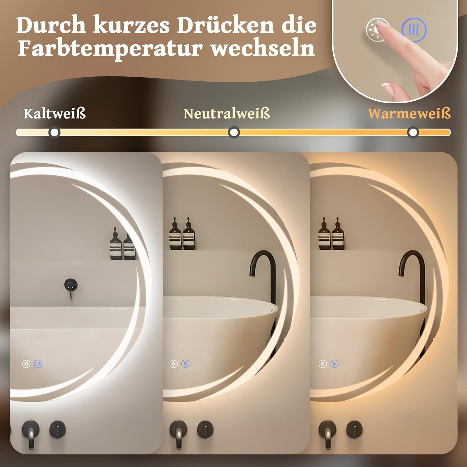 Nettlife Wandspiegel LED spiegel mit Beleuchtung Rund 50/60/70/80cm, zimmerspiegel mit Touch Schalter und Entfogger Funktion