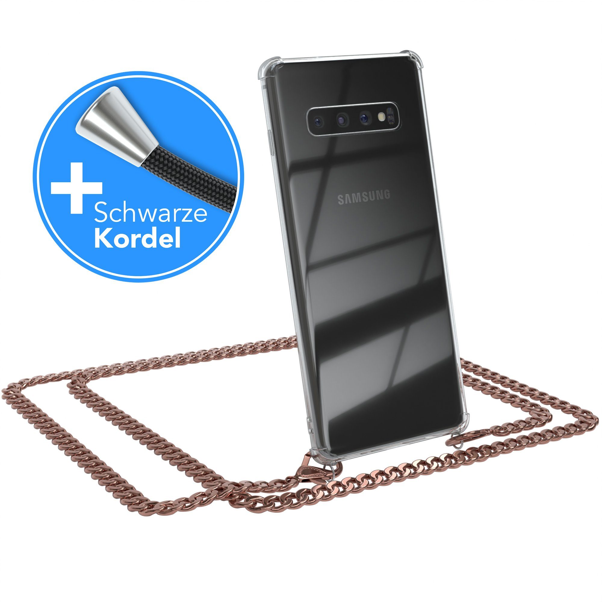 EAZY CASE Handykette 2in1 Metallkette für Samsung Galaxy S10 Plus 6,4 Zoll, Silikonhülle Transparent Smartphonekette für Unterwegs Ketten Rose