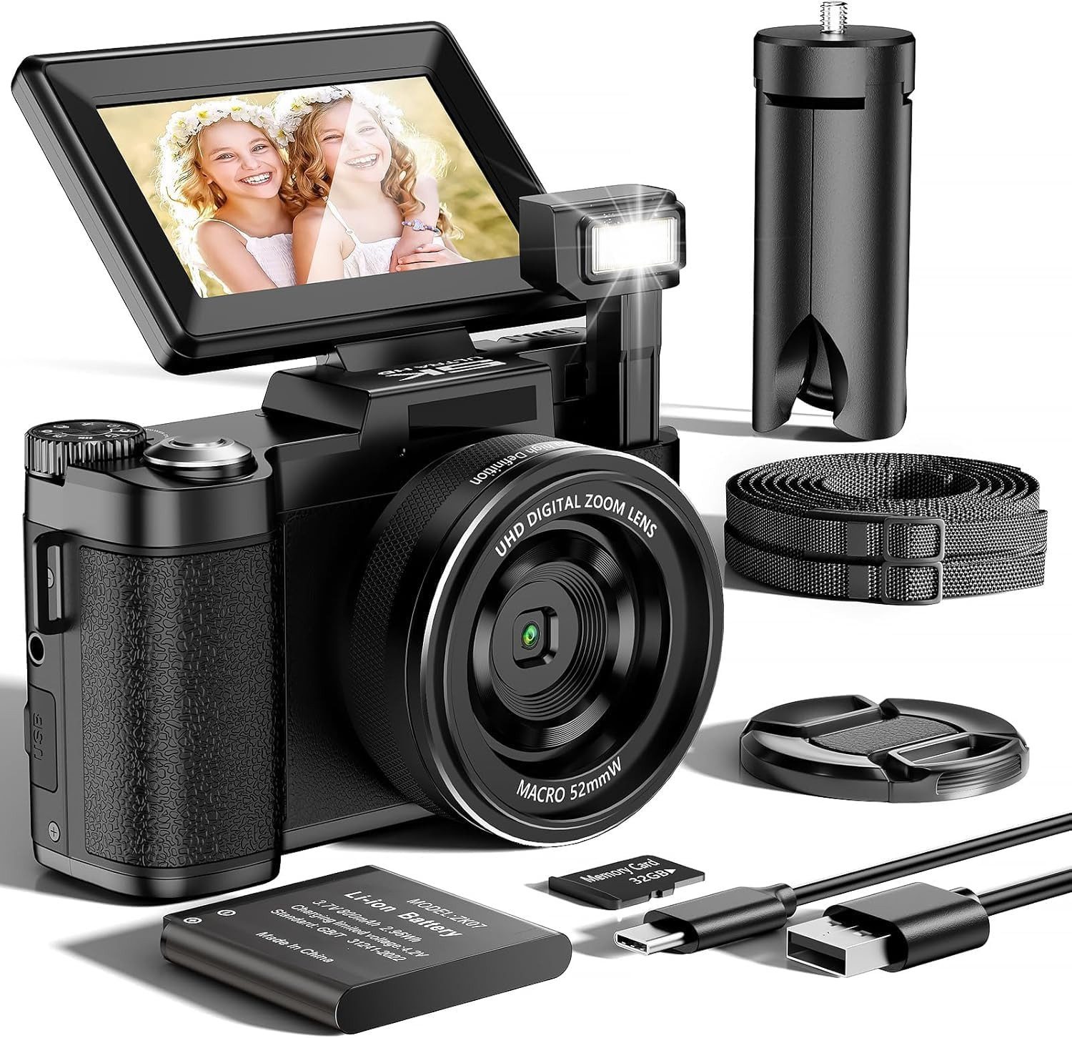 Pdgrid 5K&64MP WLAN Kamera Fotokamera 180° Klappbildschirm Vollformat-Digitalkamera (1080P, LCD-Bildschirm, 32GB Karte, 64 MP, 18x opt. Zoom, 800mAH Akku,Ideal für Einsteiger, Reisen & Social Media)