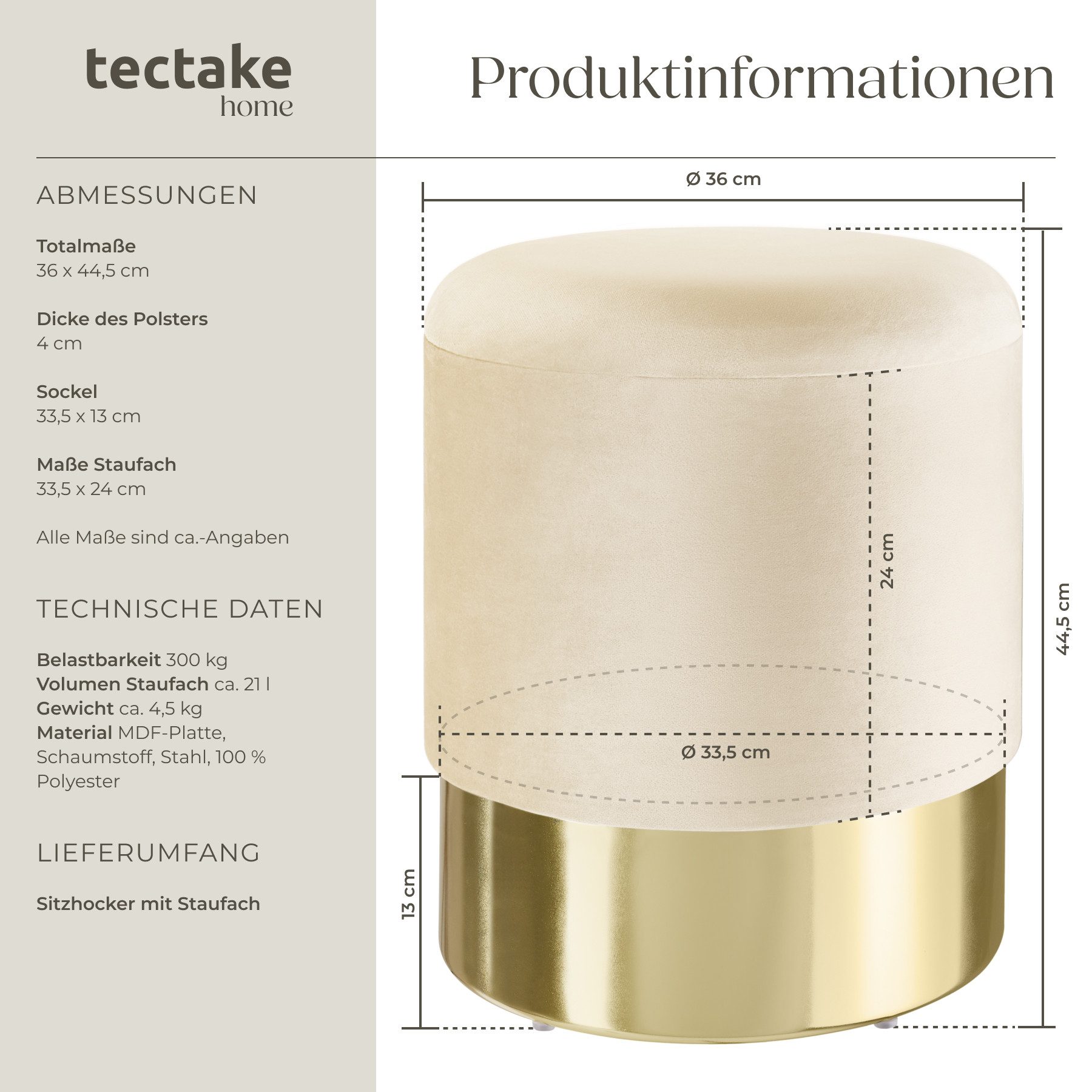tectake Sitzhocker Schminkhocker Sarina gepolstert in Samtoptik 300kg mit Stauraum, rund
