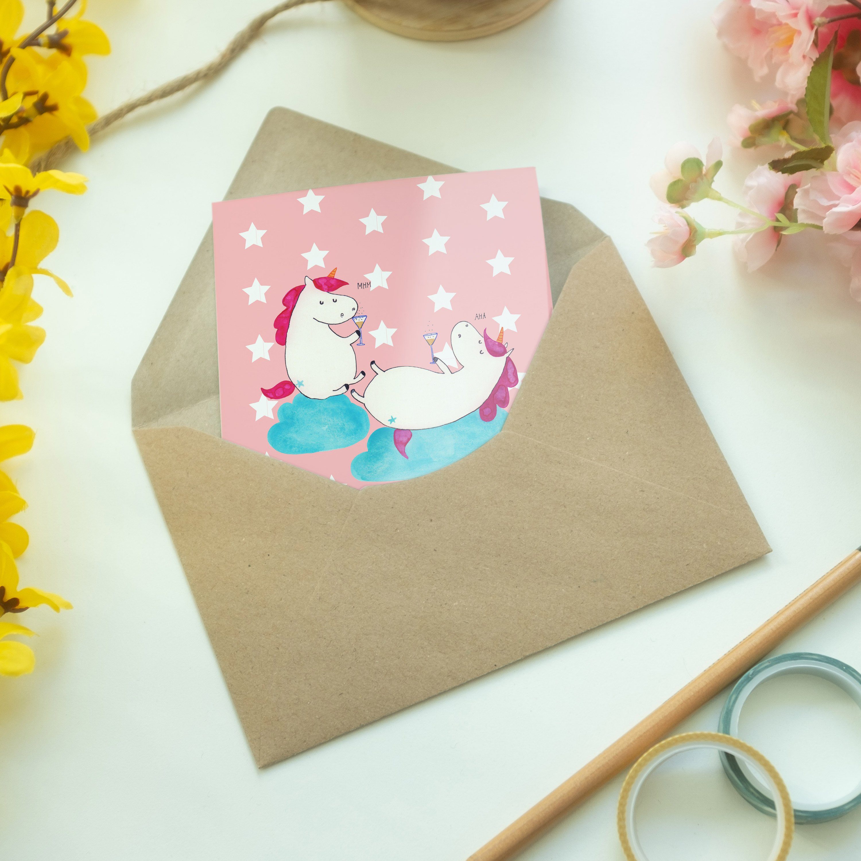Einhörner Panda Einladungskarte, - Grußkarte - Unicorn, Mrs. Mr. K Pastell & Sekt Geschenk, Rot